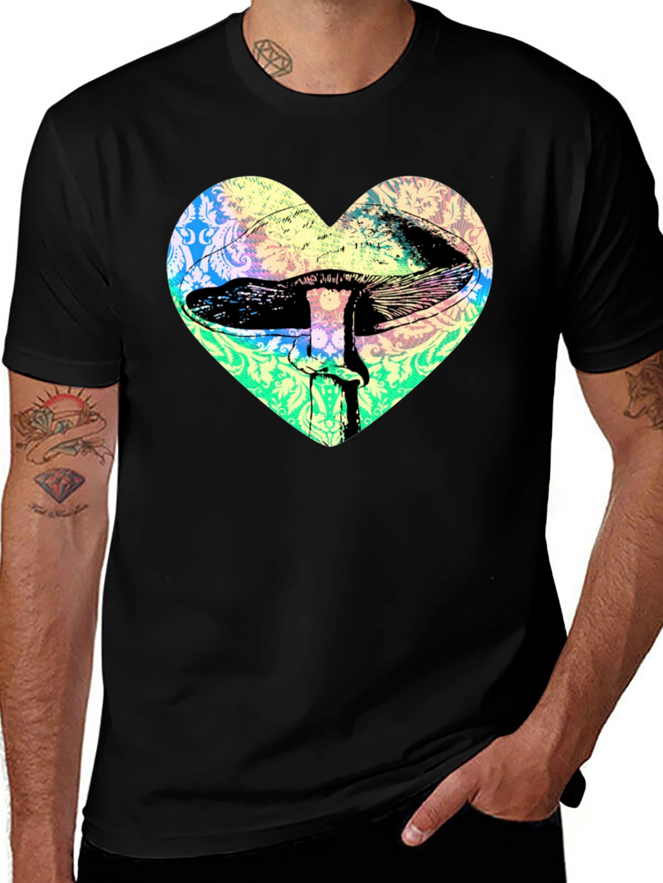 Black Psychedelic Mushroom Heart T-Shirt - Groovy Graphic Tee main image