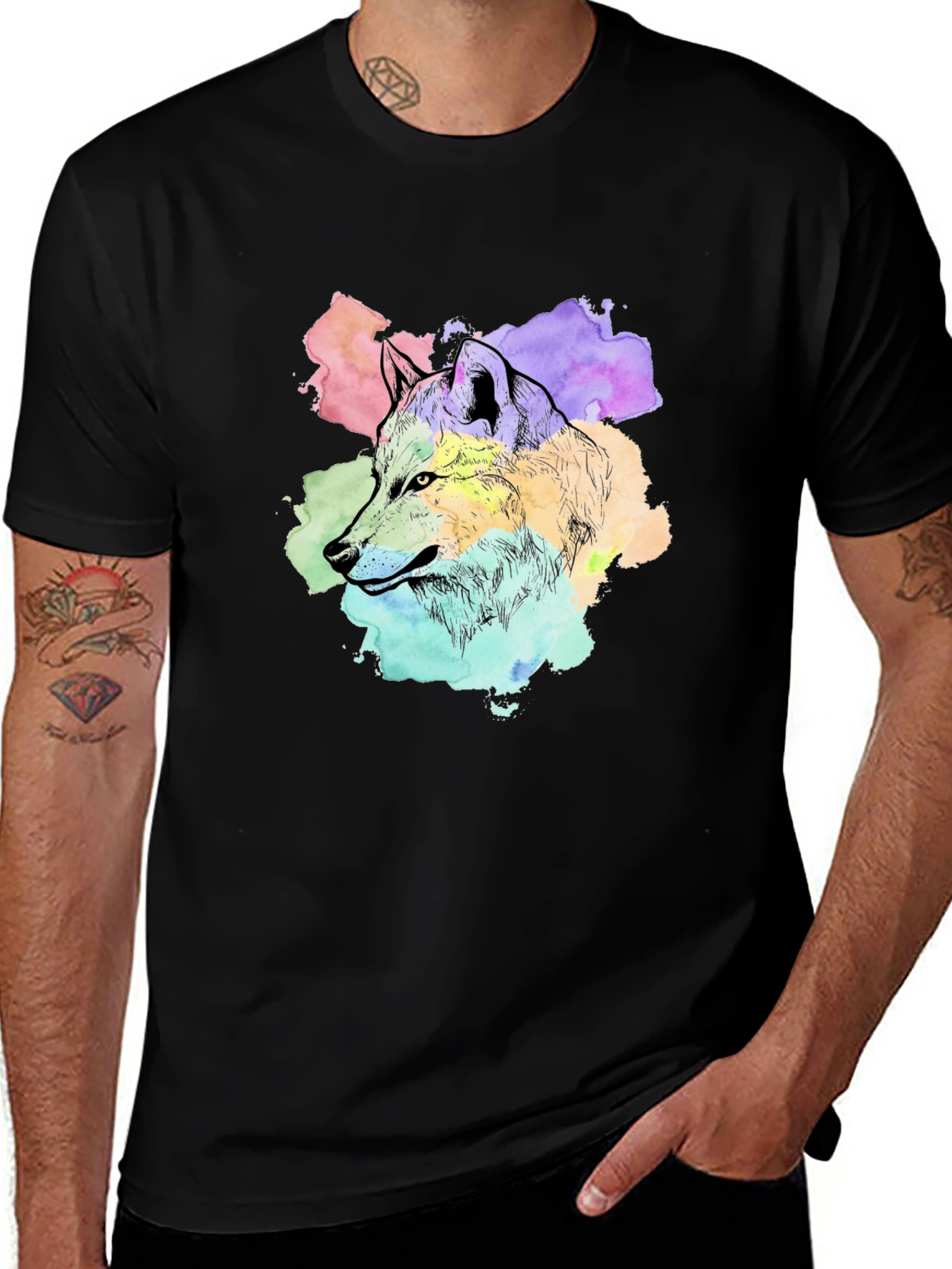 Variant 28 of Wolf Watercolor Graphic Print Black T-Shirt