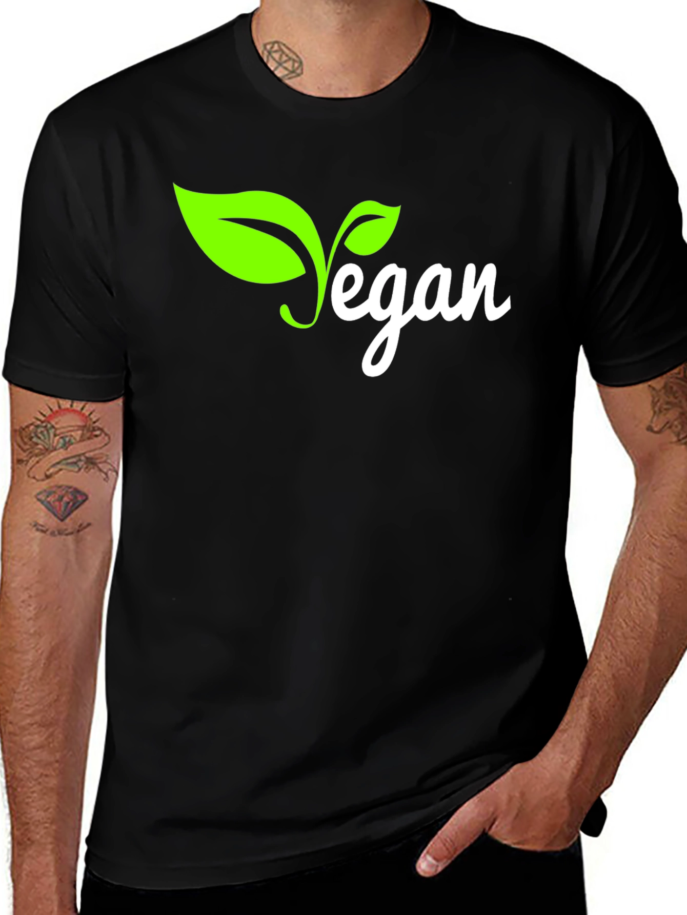 Variant 3 of Vegan T-Shirt - Black with Green Leaf Design
