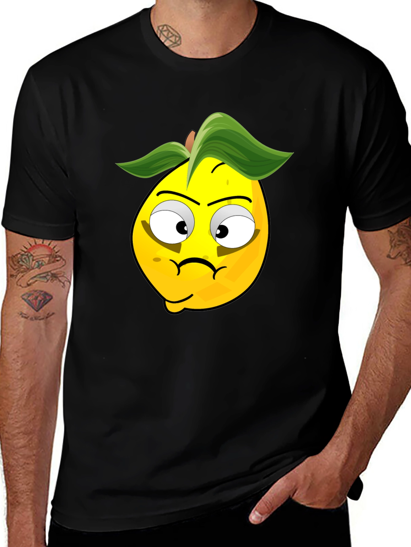 Funny Lemon Face Graphic T-Shirt - Black
