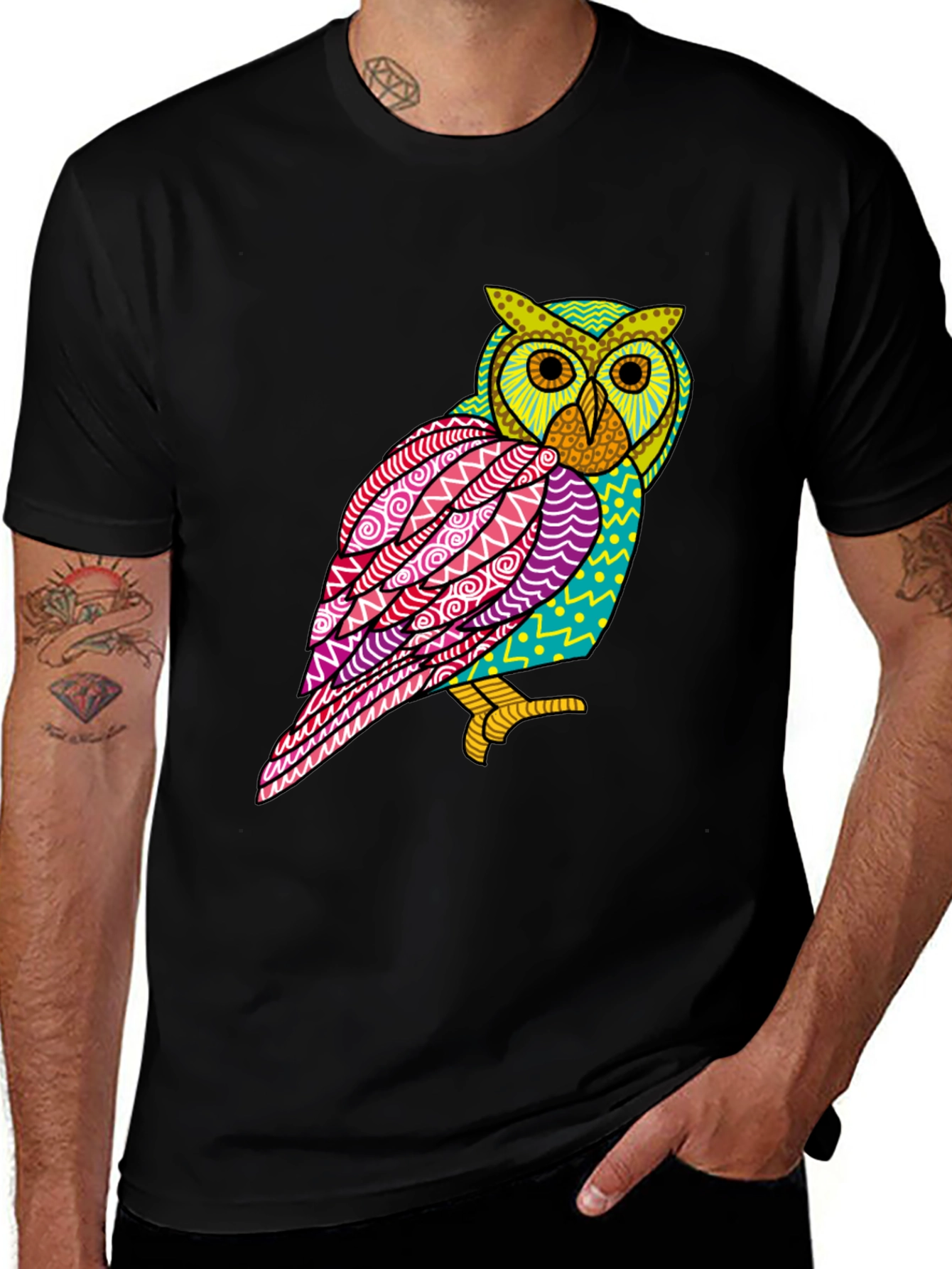 Variant 17 of Abstract Owl Graphic Tee - Men's Black T-Shirt