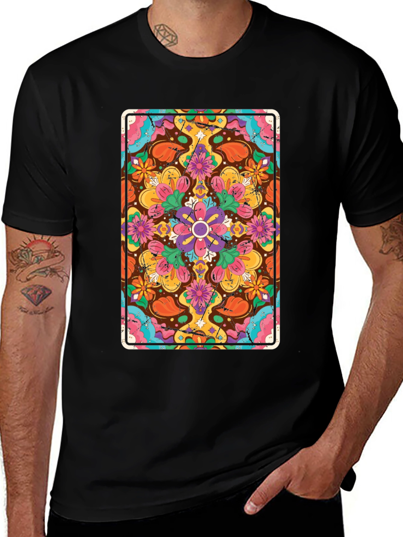Variant 28 of Floral Mandala Graphic Tee - Black Crew Neck T-Shirt