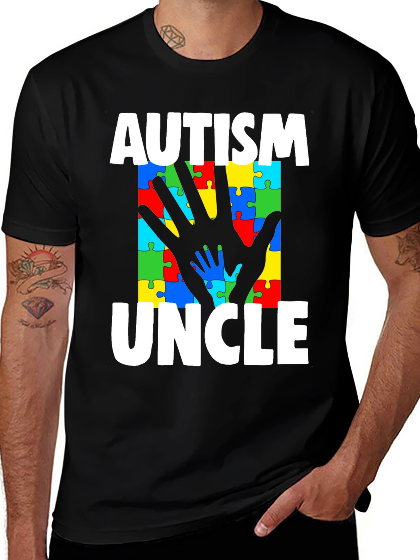 Autism Awareness Uncle T-Shirt Puzzle Hand Design
