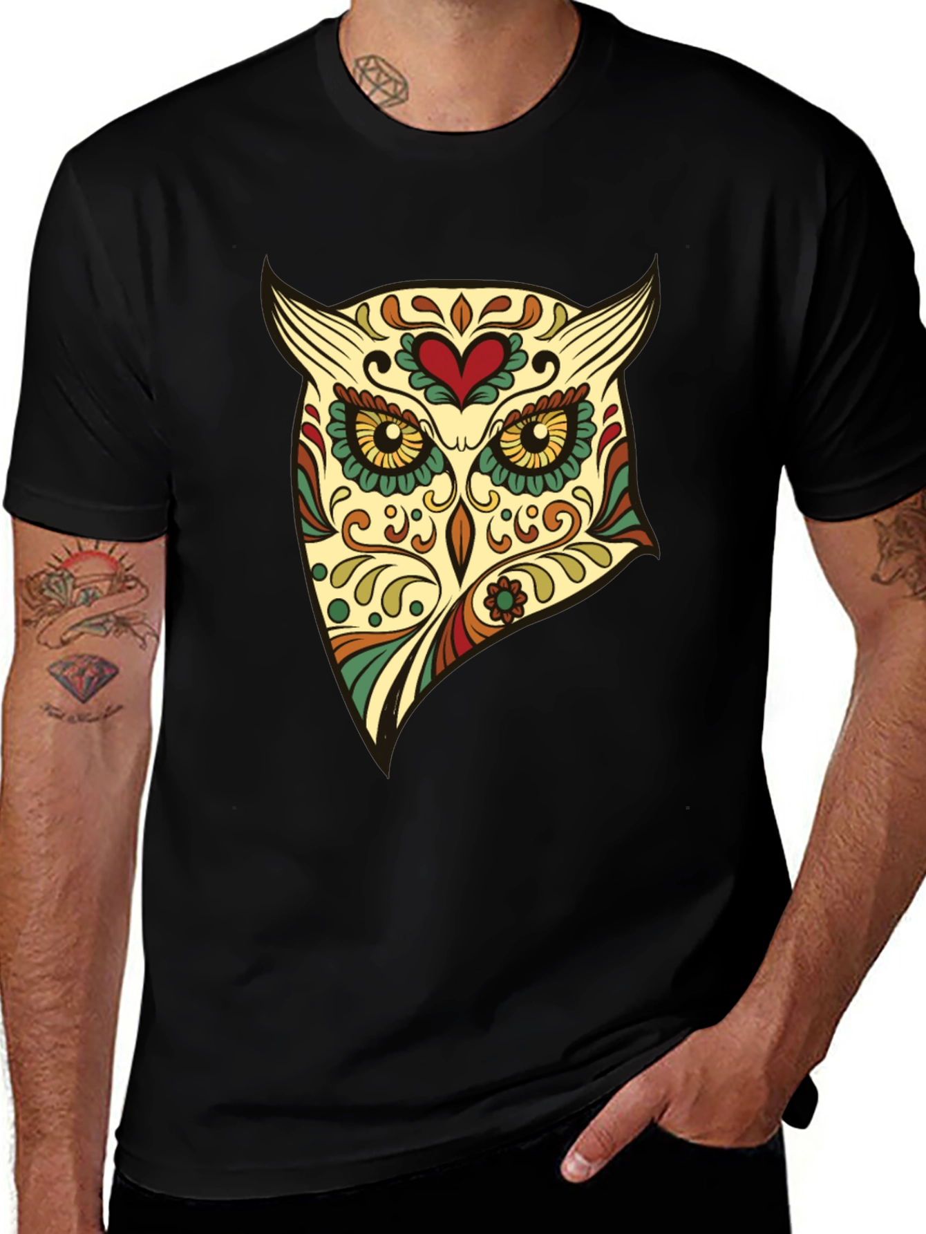 Variant 19 of Owl Sugar Skull Graphic Tee - Men's Black T-Shirt