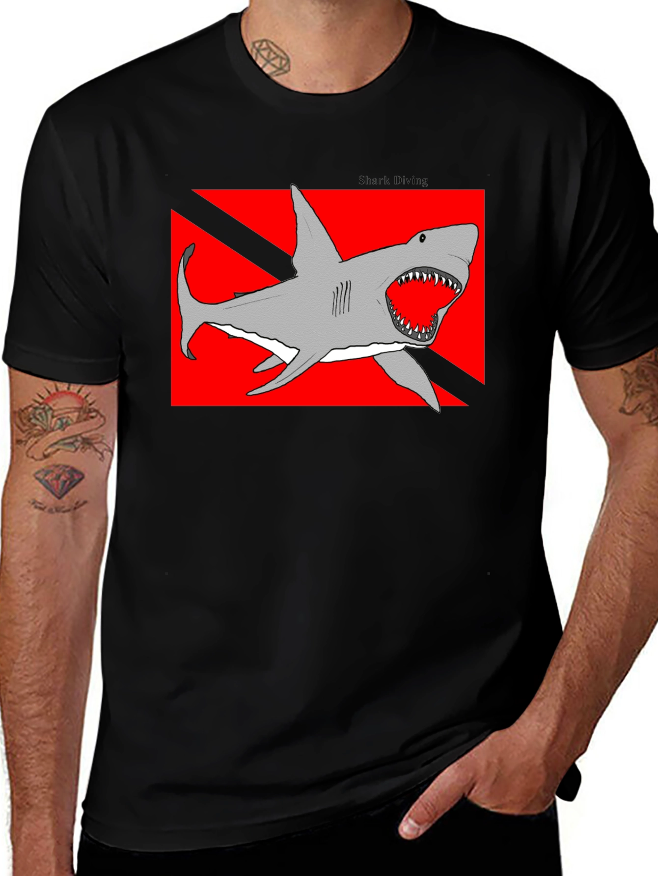 Variant 29 of Diving Shark Graphic Tee - Black Cotton