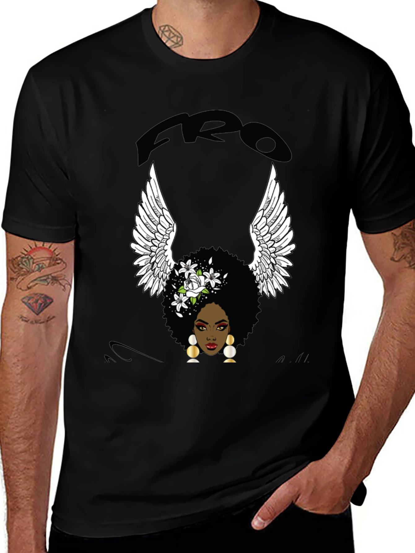 Variant 13 of Fro Angel Black T-Shirt - Afro Woman Wings Graphic Tee