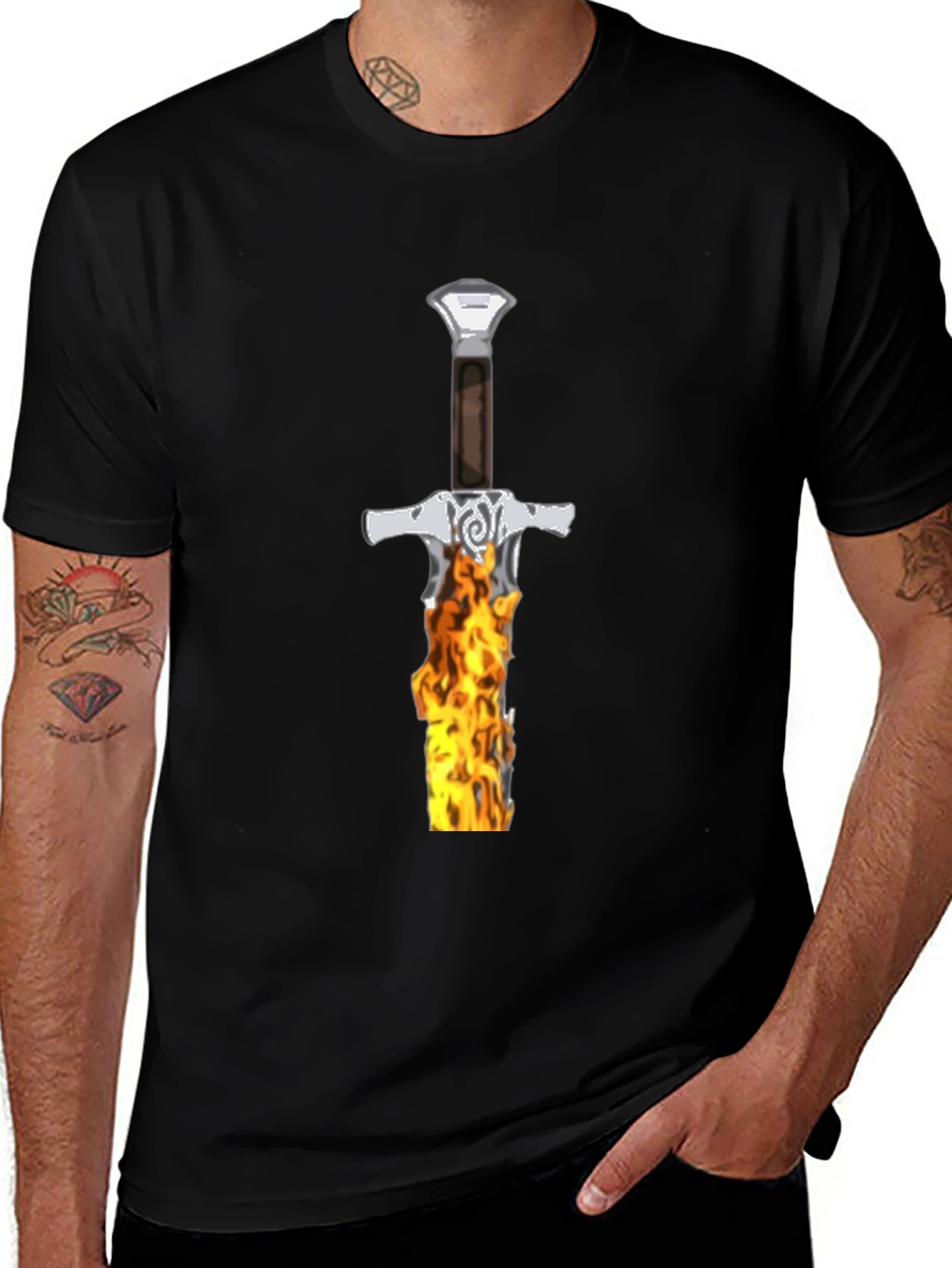 Variant 25 of Fiery Sword Graphic Tee - Black Cotton Shirt