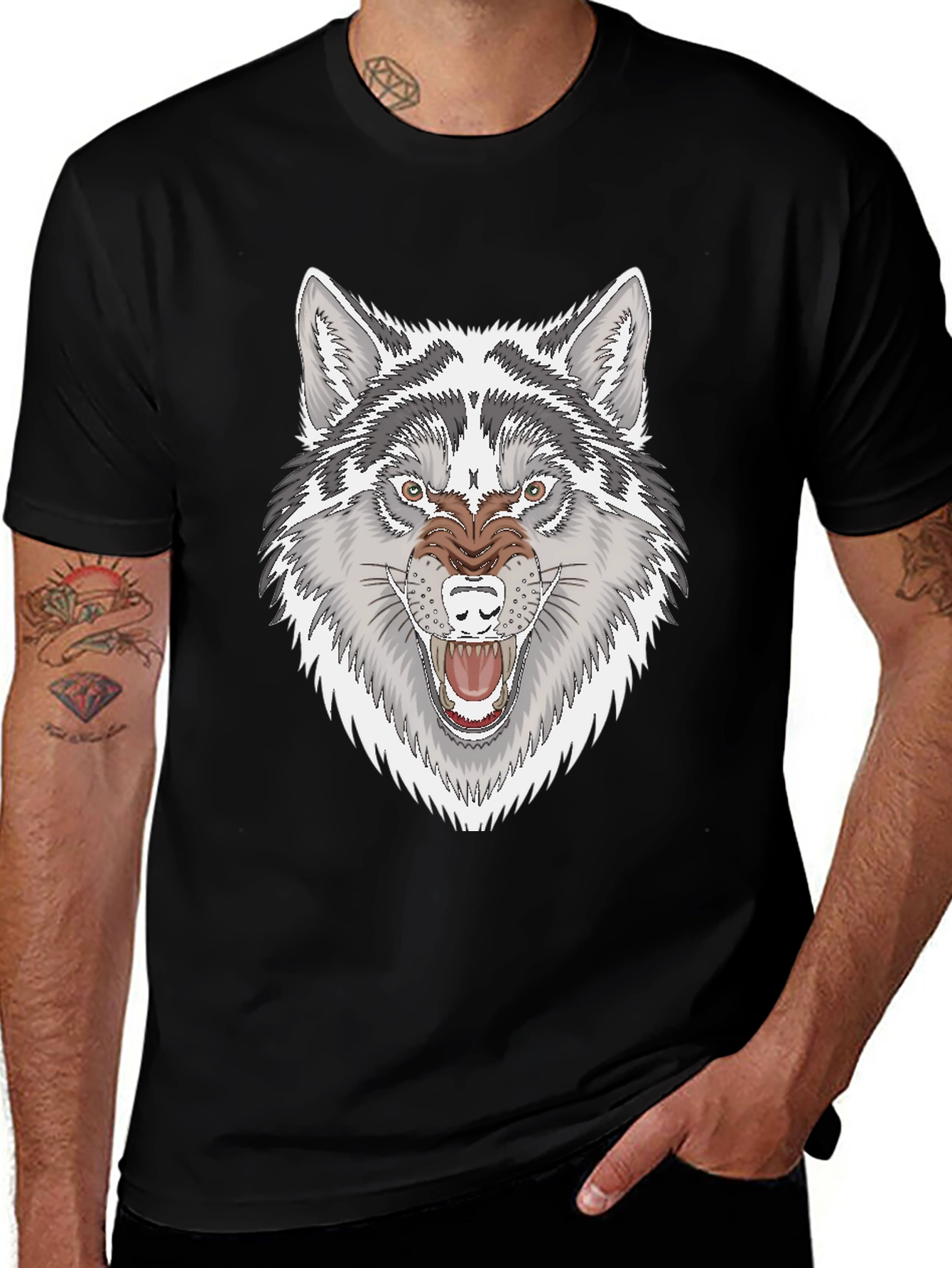 Variant 18 of Men's Black T-Shirt with Fierce Wolf Graphic