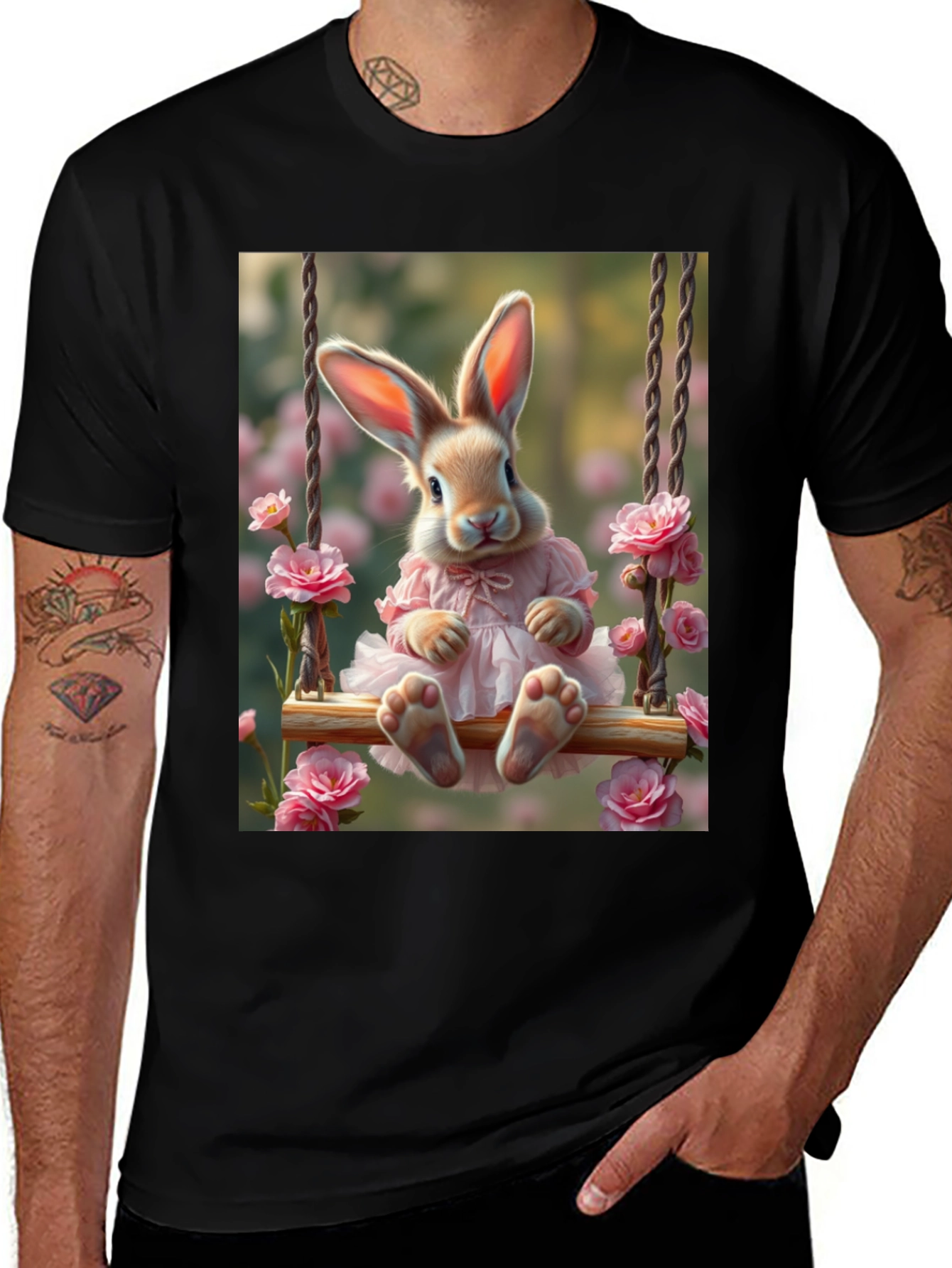 Variant 17 of Bunny on Swing Graphic Tee - Soft Cotton Blend T-Shirt
