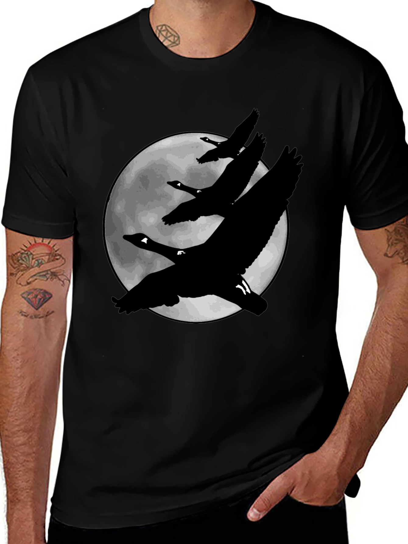 Variant 28 of Geese Moon T-Shirt - Black Tee with Nature Scene