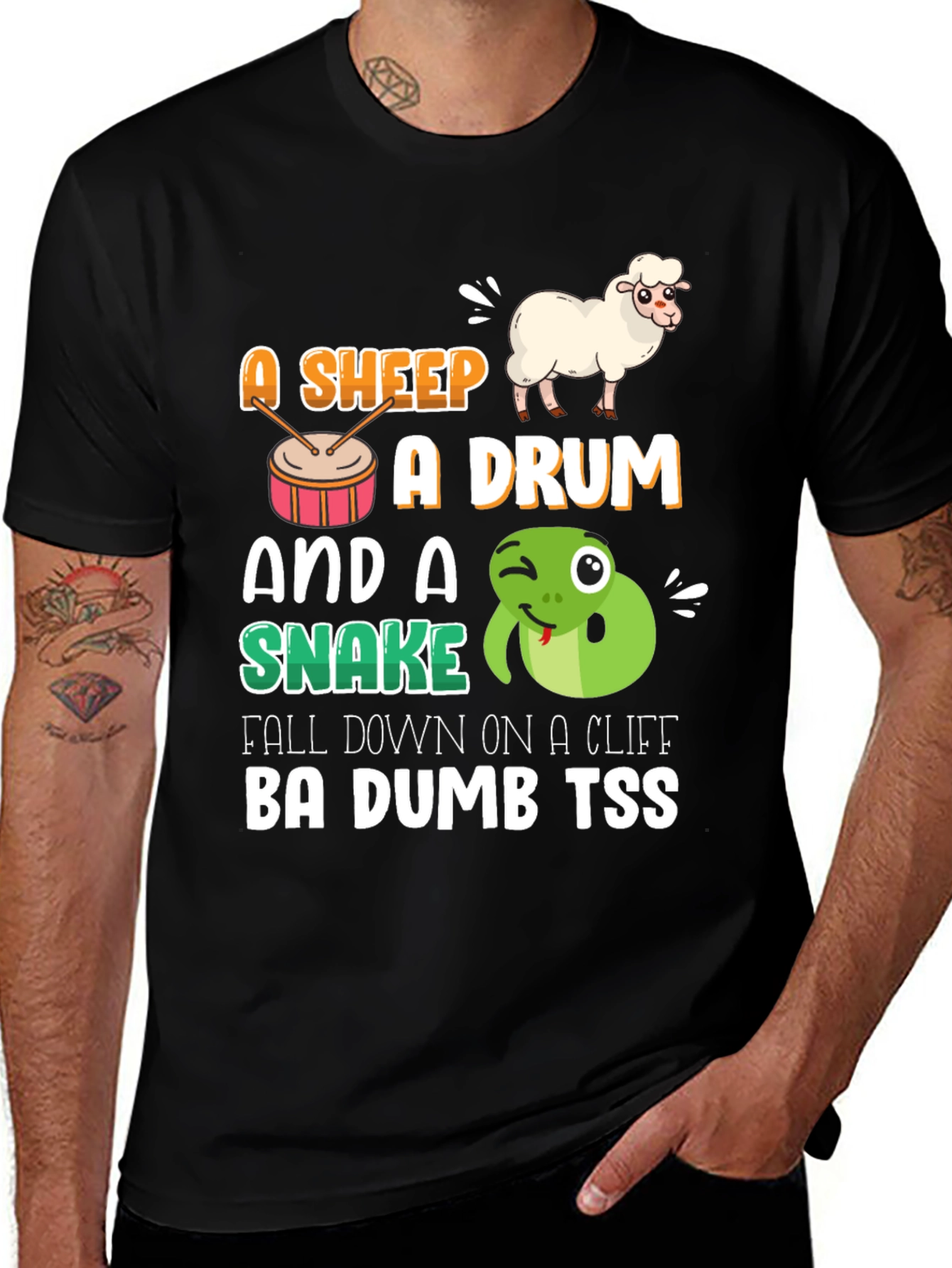 Variant 21 of Funny Animal Pun T-Shirt - Sheep, Drum & Snake