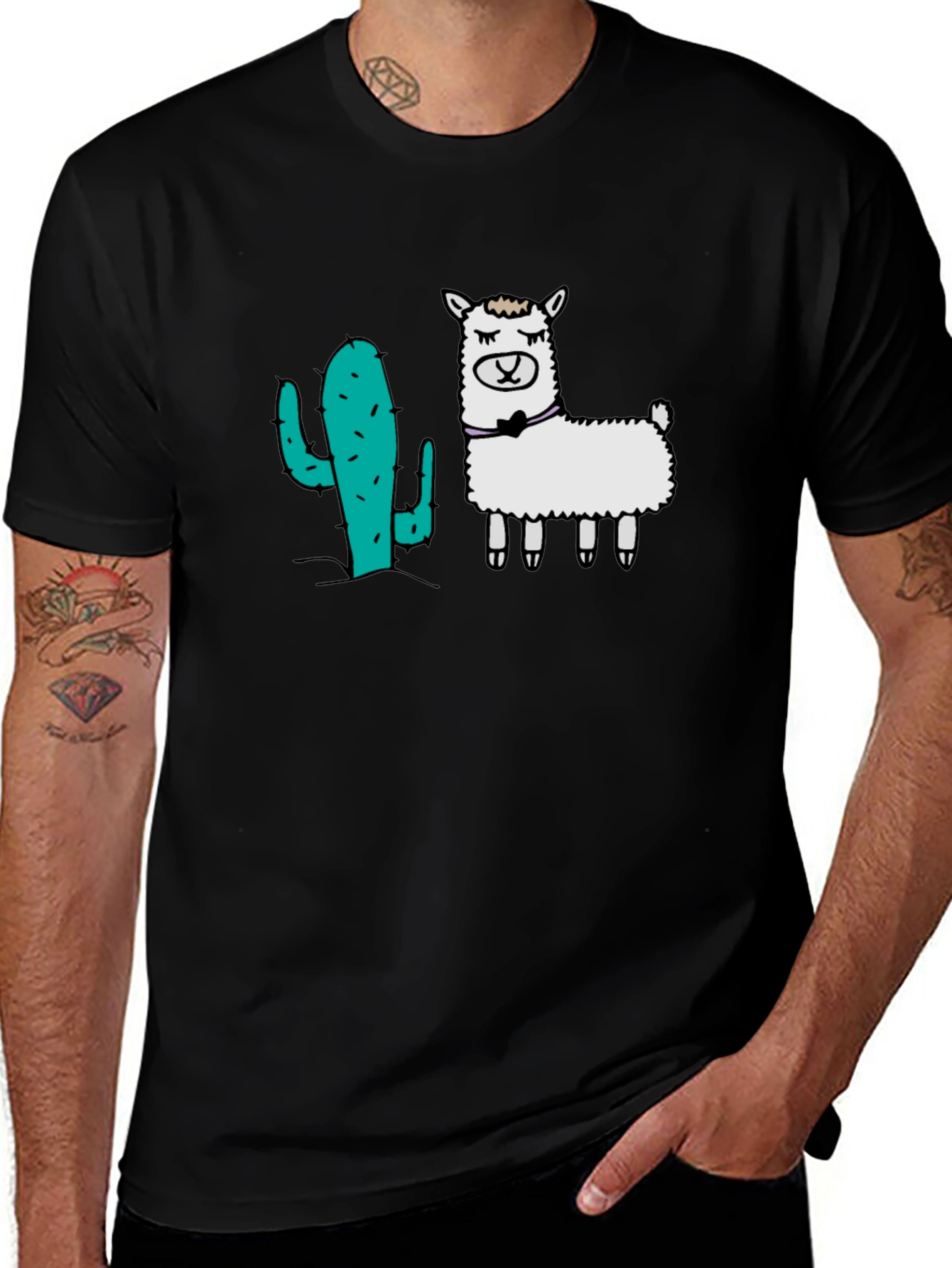 Variant 15 of Cactus Llama Graphic Tee - Black Cotton T-Shirt