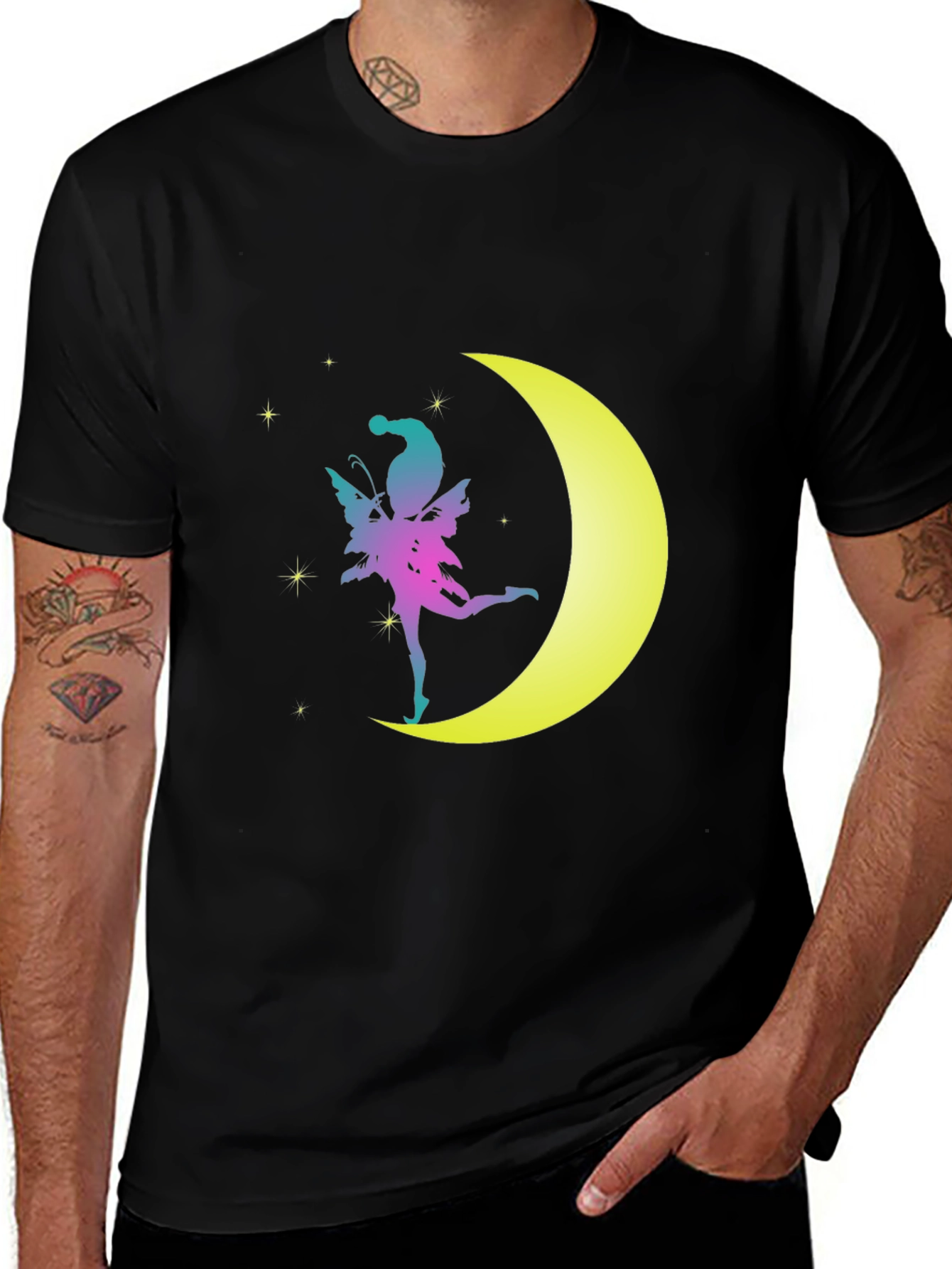 Variant 10 of Fairy Moon Graphic Tee - Black Cotton T-Shirt