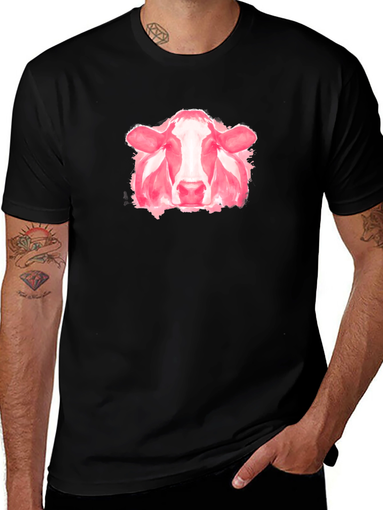 Variant 8 of Pink Cow Graphic Tee - Unique Watercolor Style