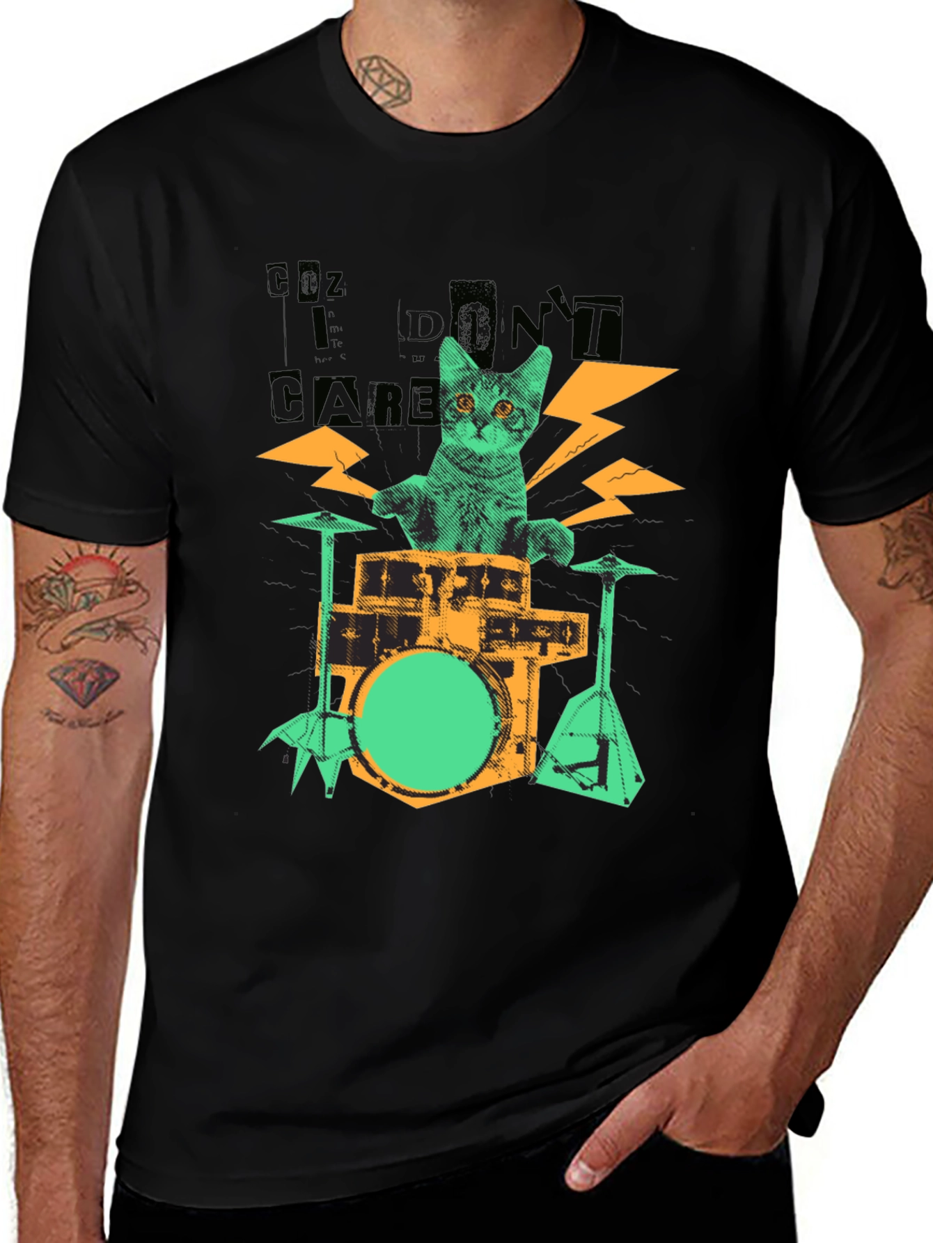 Variant 7 of Cat Drummer Graphic T-Shirt - Rock n' Roll Style
