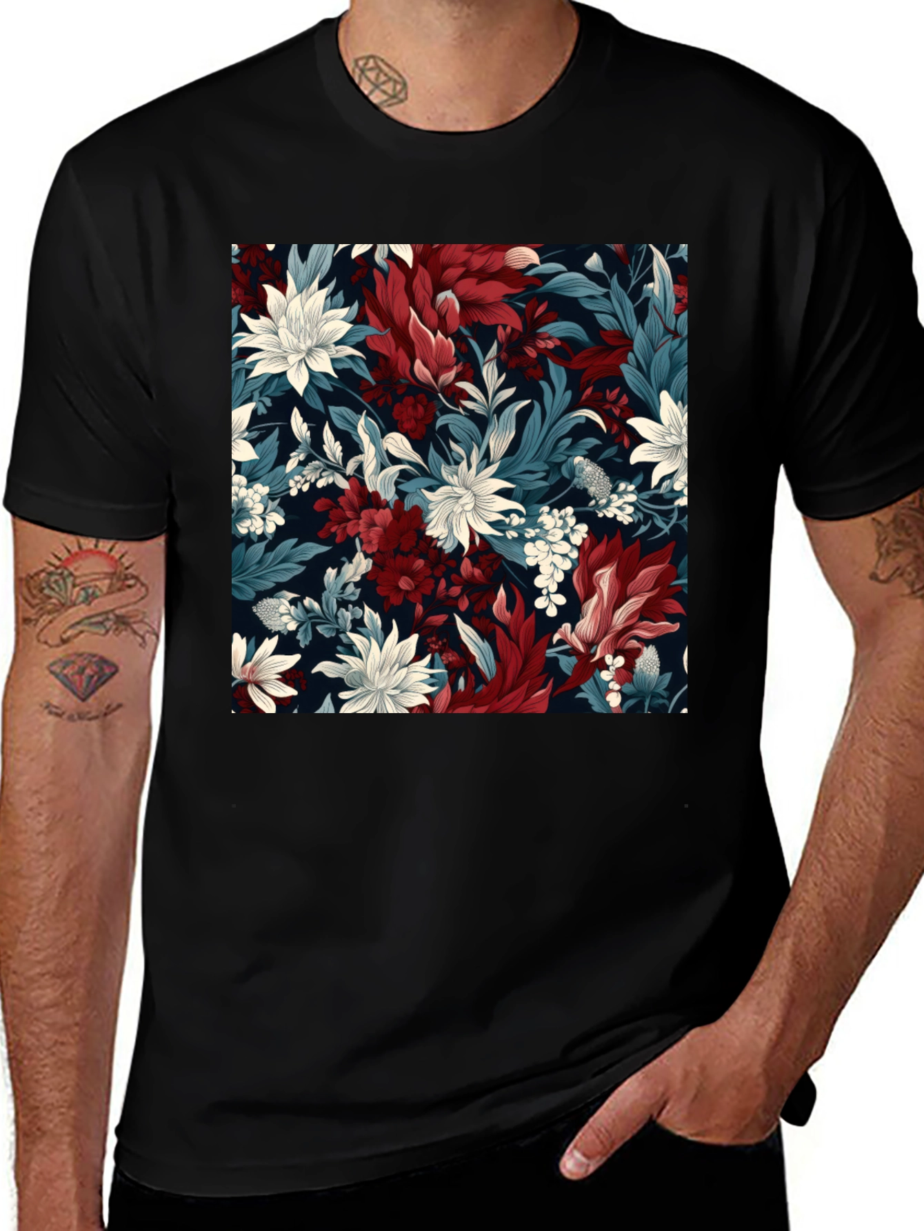 Black Floral Pattern Black T-Shirt - Modern Style main image
