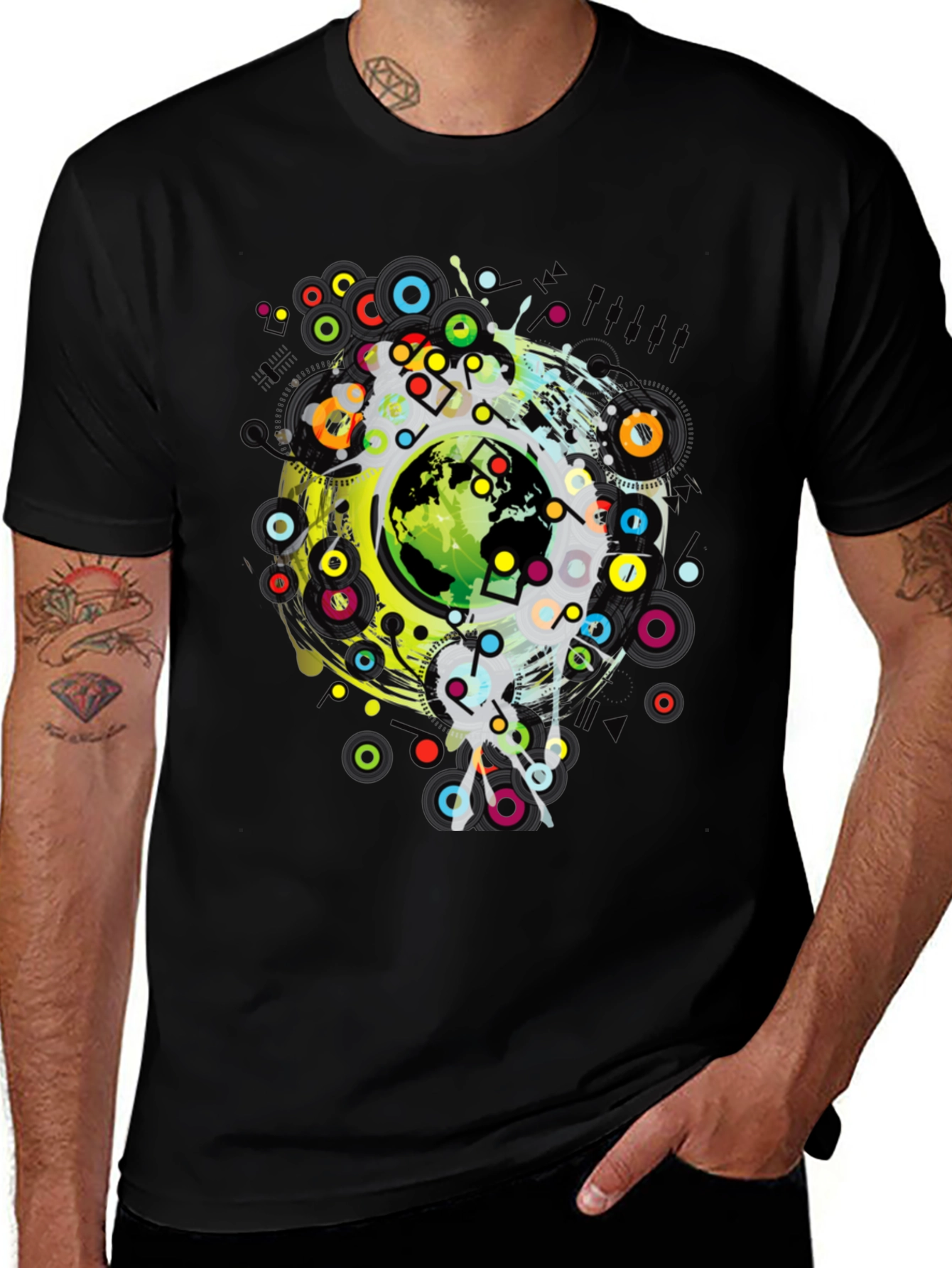 Variant 24 of Vibrant Globe Graphic Tee - Black Crew Neck