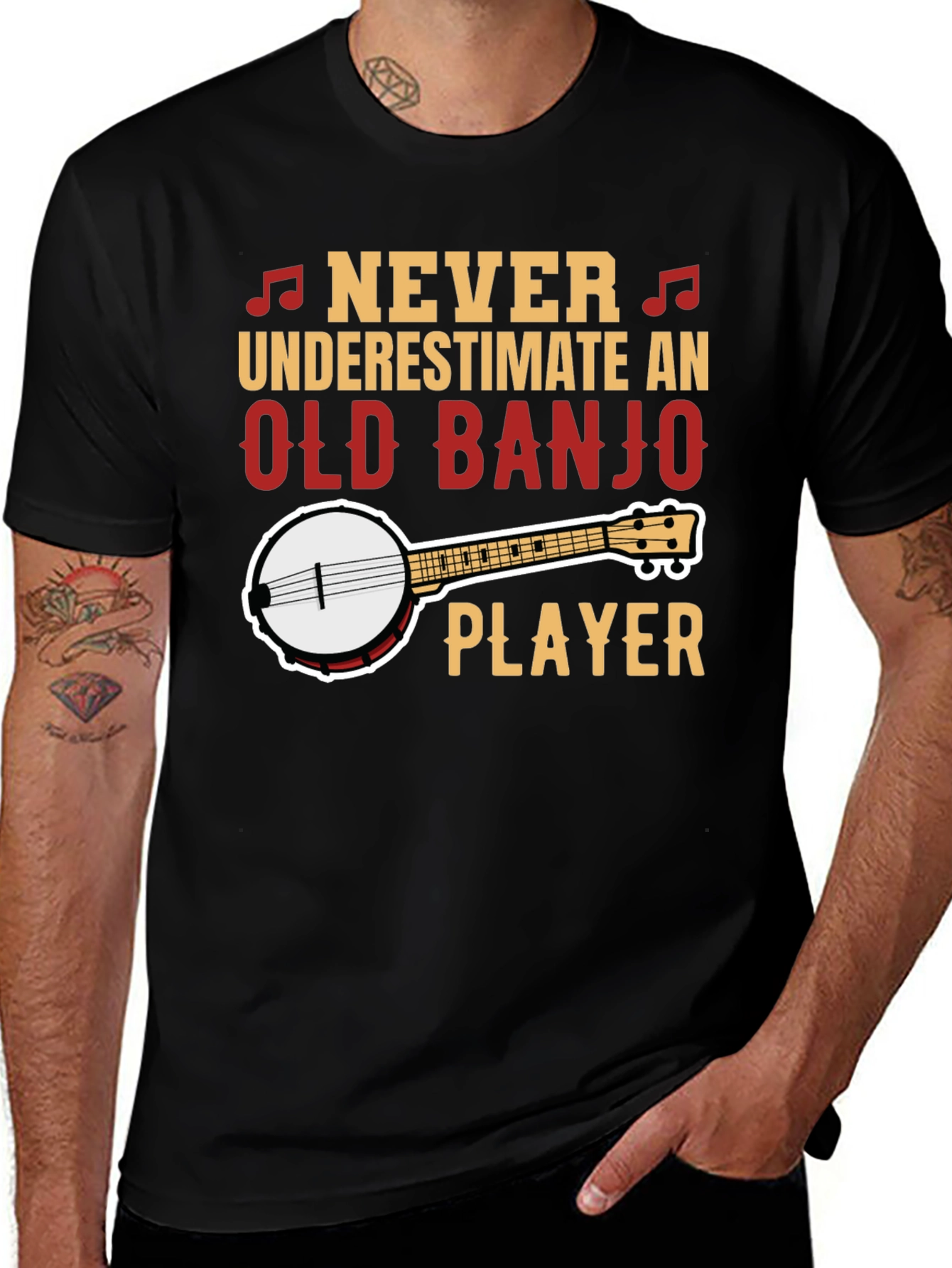 Variant 5 of Old Banjo Player Black T-Shirt: Never Underestimate