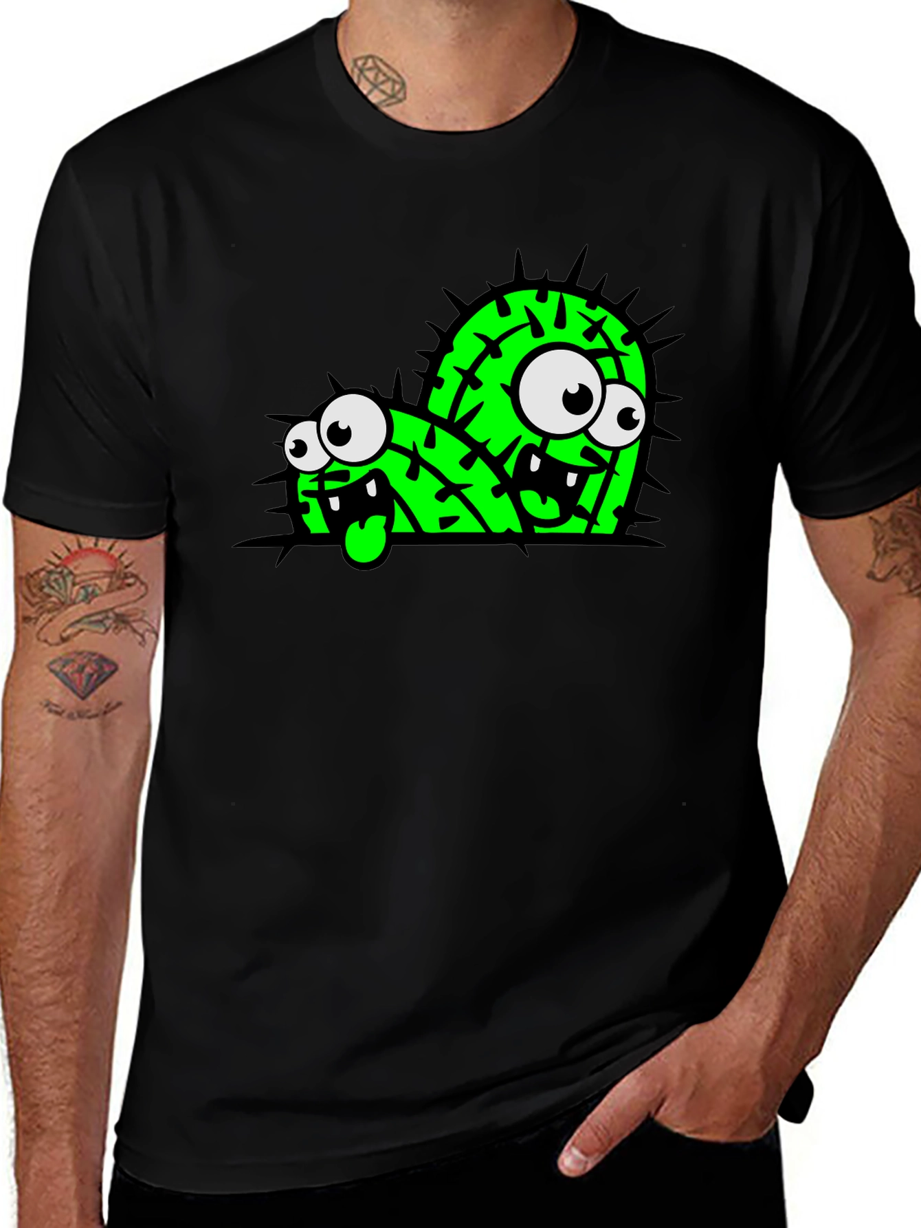 Variant 2 of Funny Cartoon Cactus Graphic Black T-Shirt