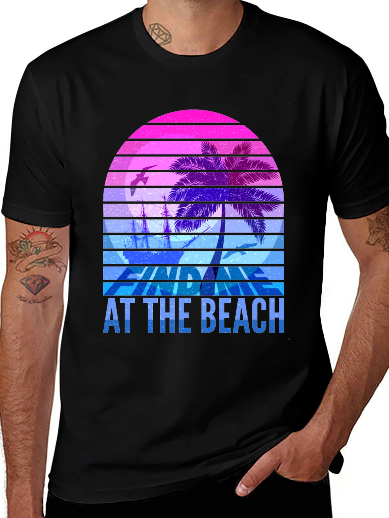 Variant 25 of Retro Sunset Palm T-Shirt - Relax At The Beach