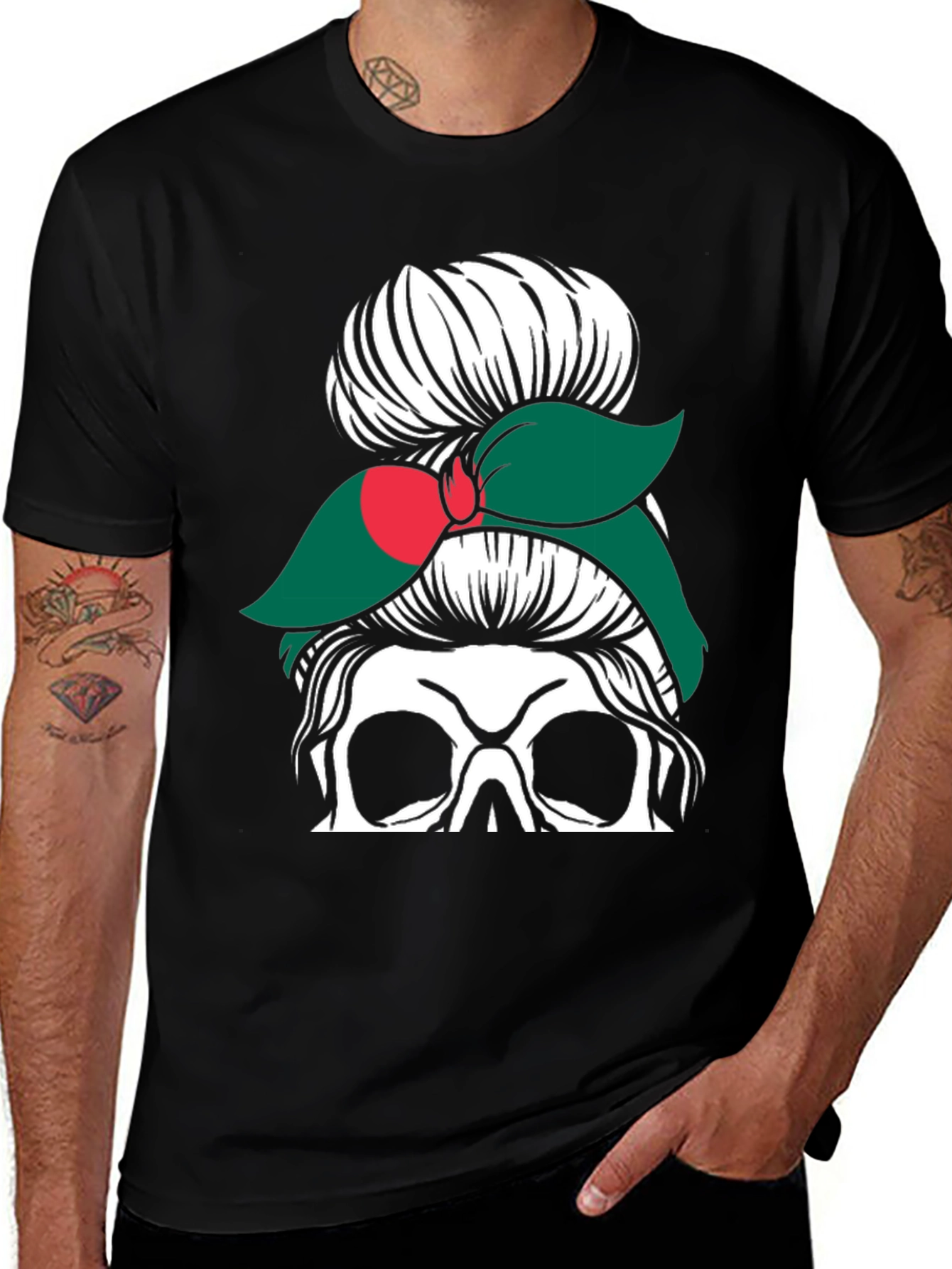 Variant 23 of Messy Bun Skull Bangladesh Flag T-Shirt
