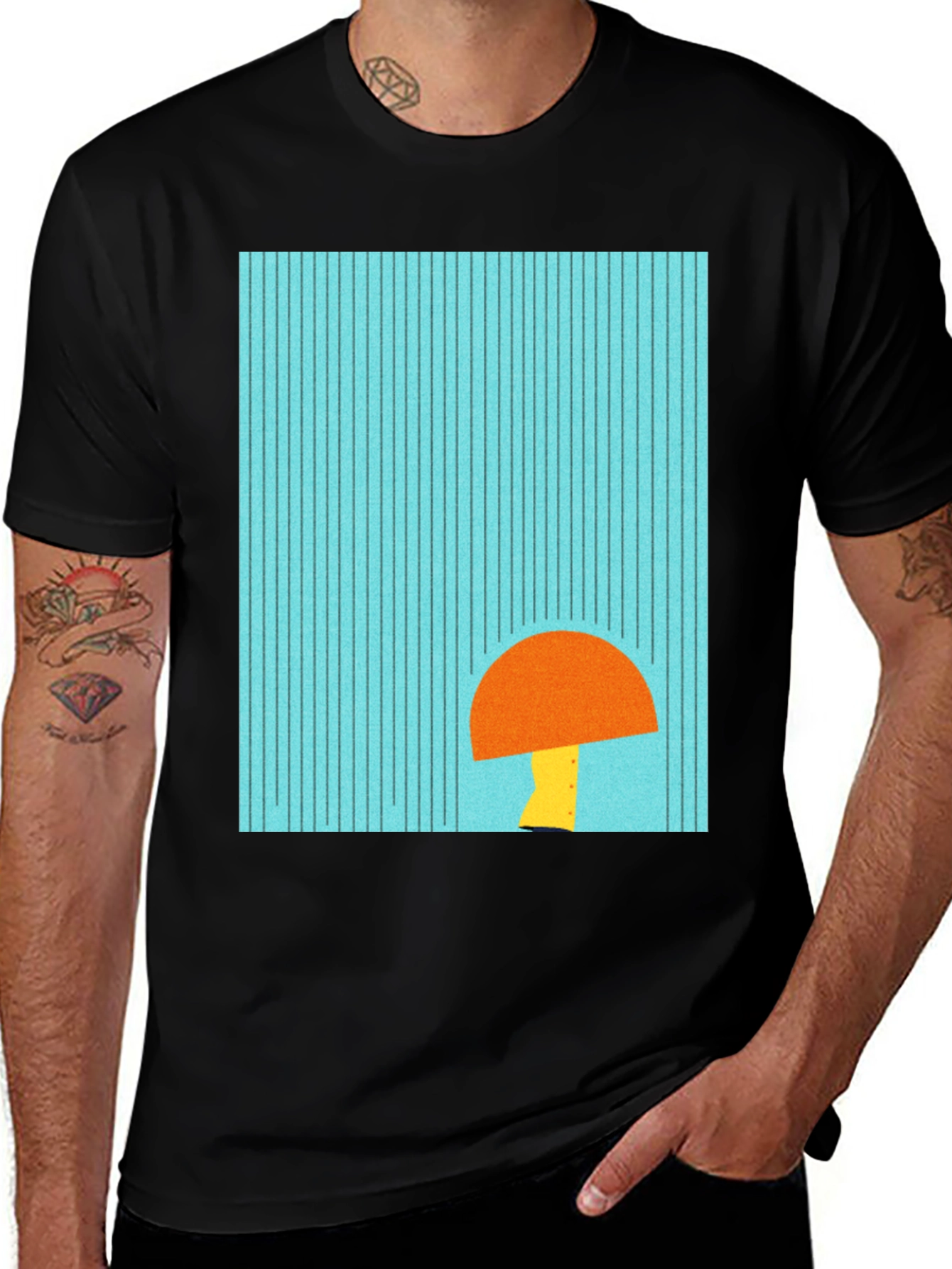 Modern Geometric Mushroom Graphic Tee - Black