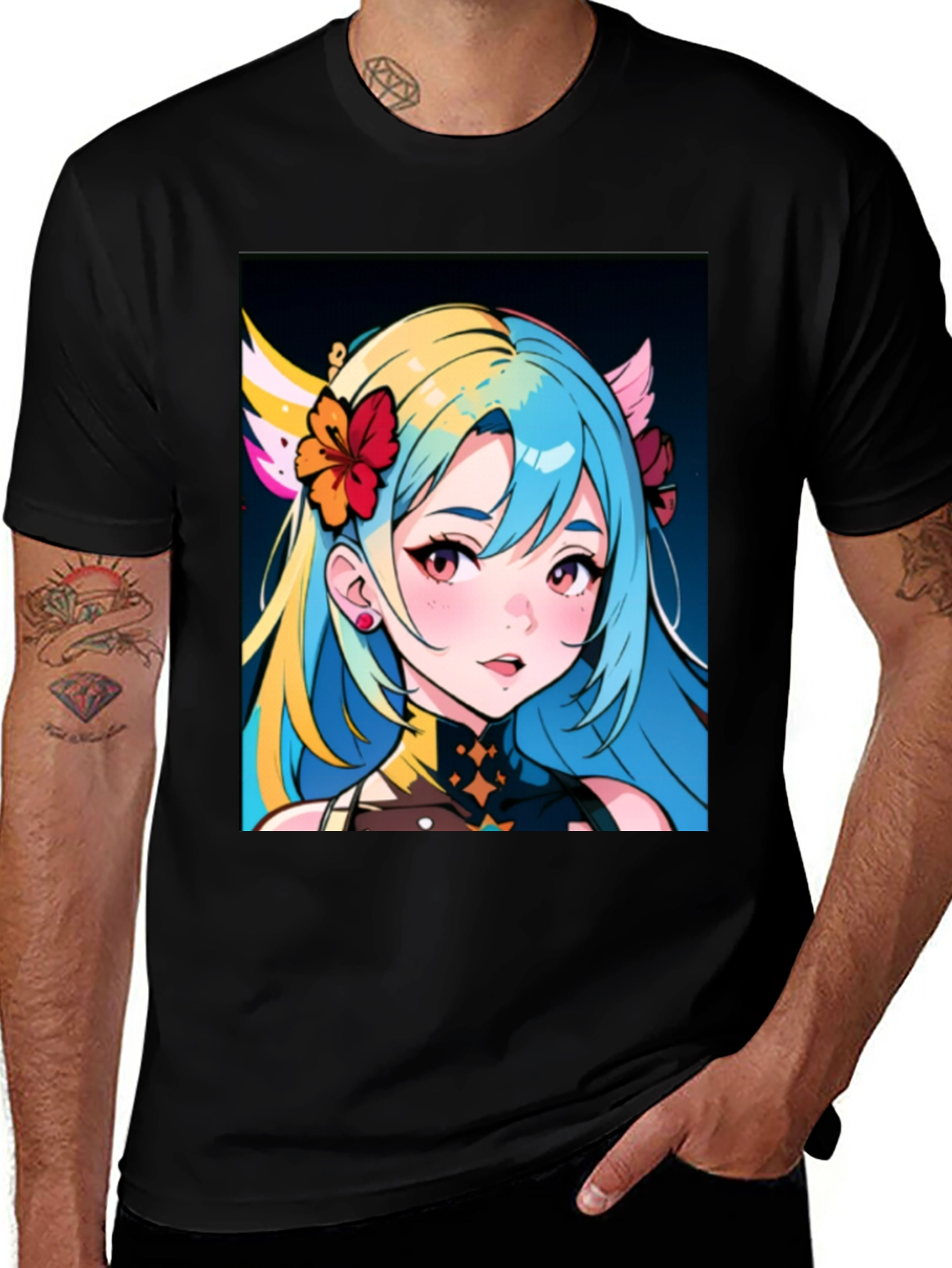 Anime Girl Graphic Tee - Black Cotton Casual Shirt