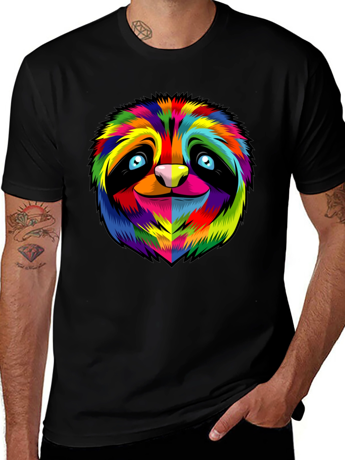 Variant 29 of Rainbow Sloth Graphic Tee - Men's Black T-Shirt