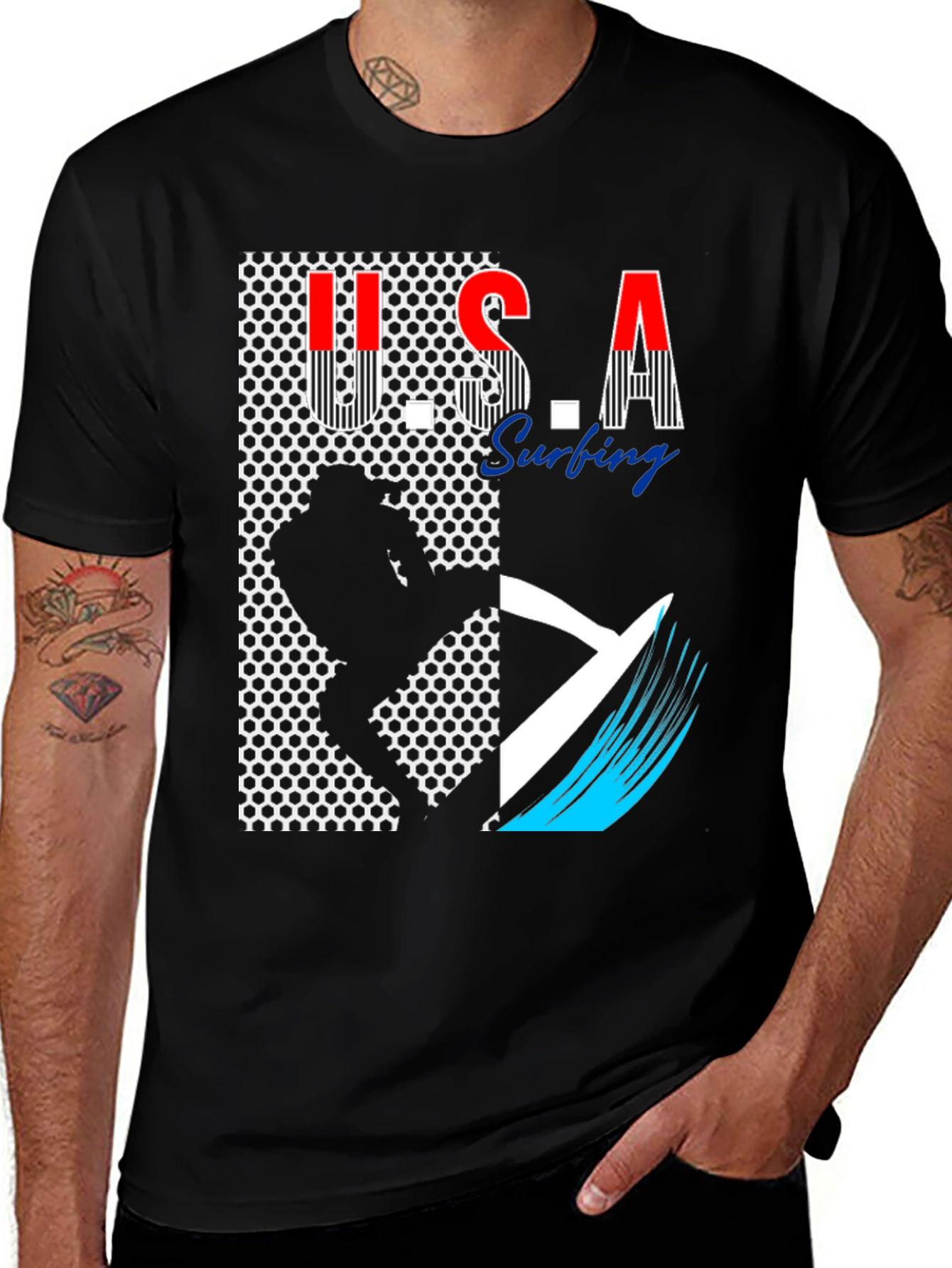 Variant 24 of USA Surfing Graphic Tee - Stylish Black T-Shirt