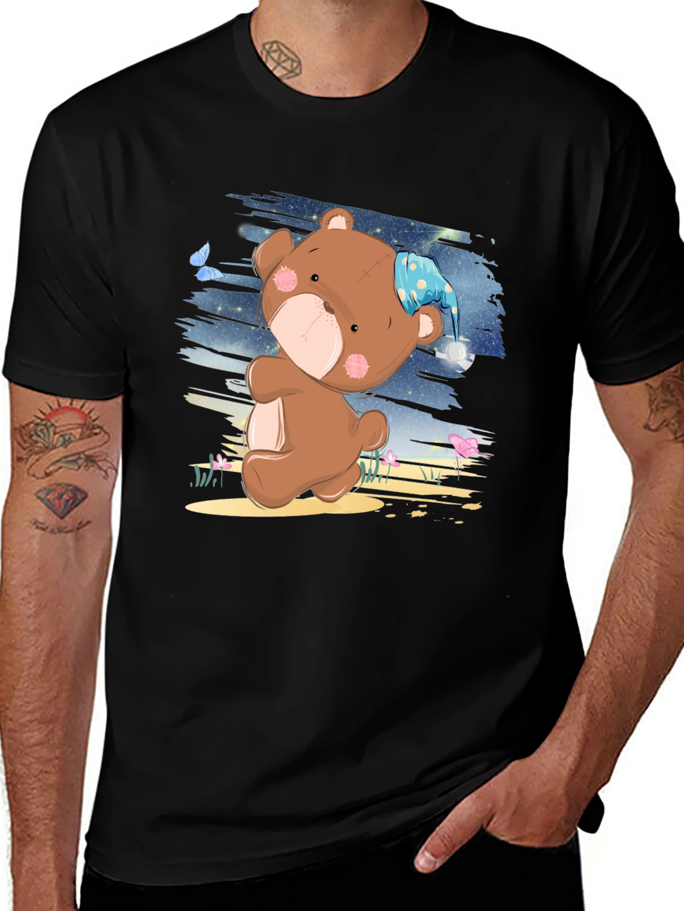 Variant 7 of Cute Cartoon Teddy Bear Graphic Print Black T-Shirt