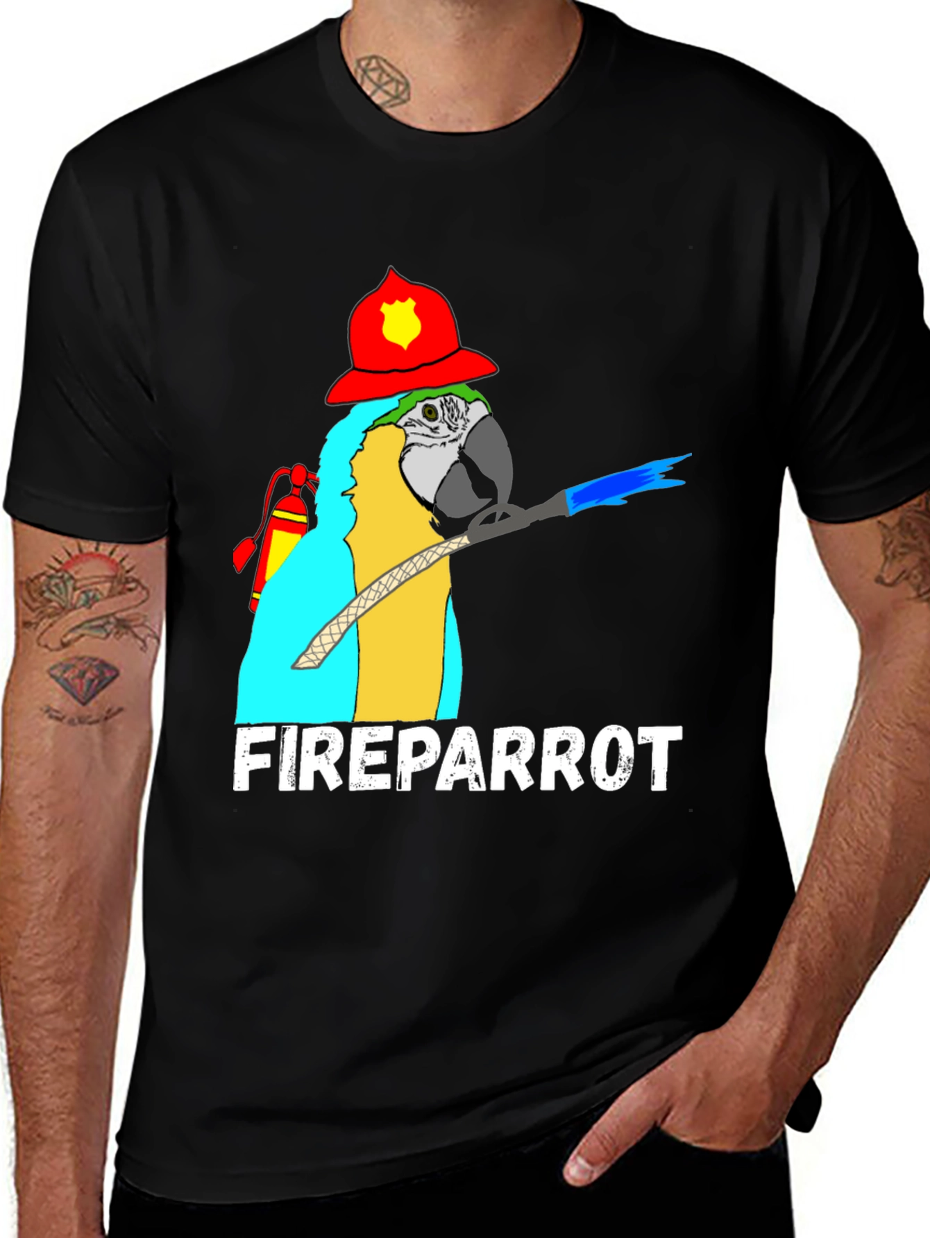 Variant 7 of Fire Parrot T-Shirt: Novelty Firefighter Bird Tee
