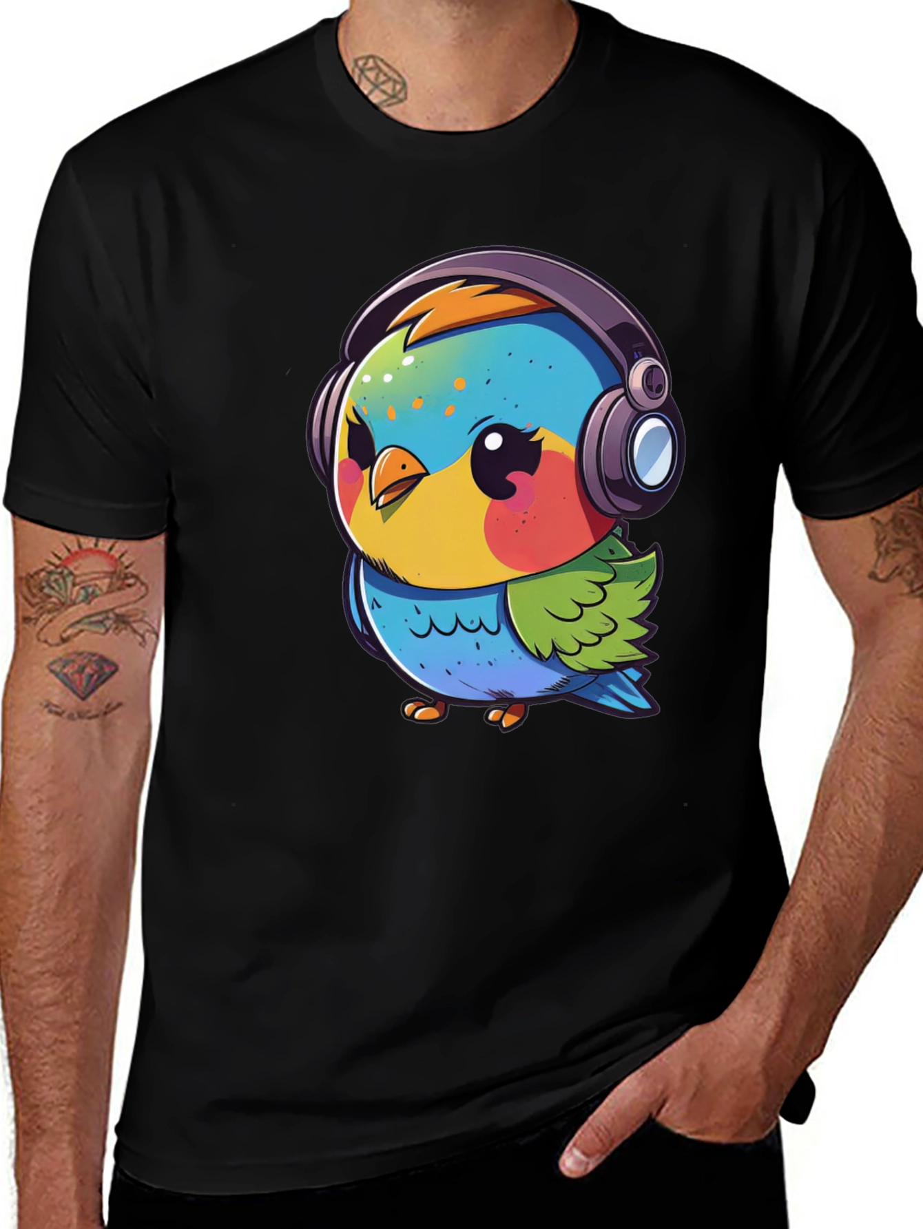 Variant 26 of Cartoon Bird with Headphones Black T-Shirt