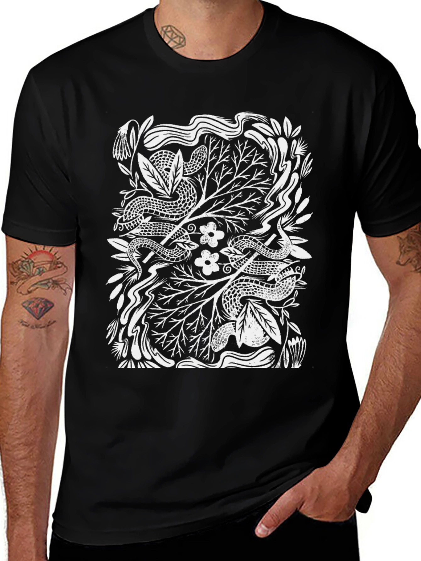 Variant 16 of Snakes & Flowers Graphic Tee - Unisex Black T-Shirt