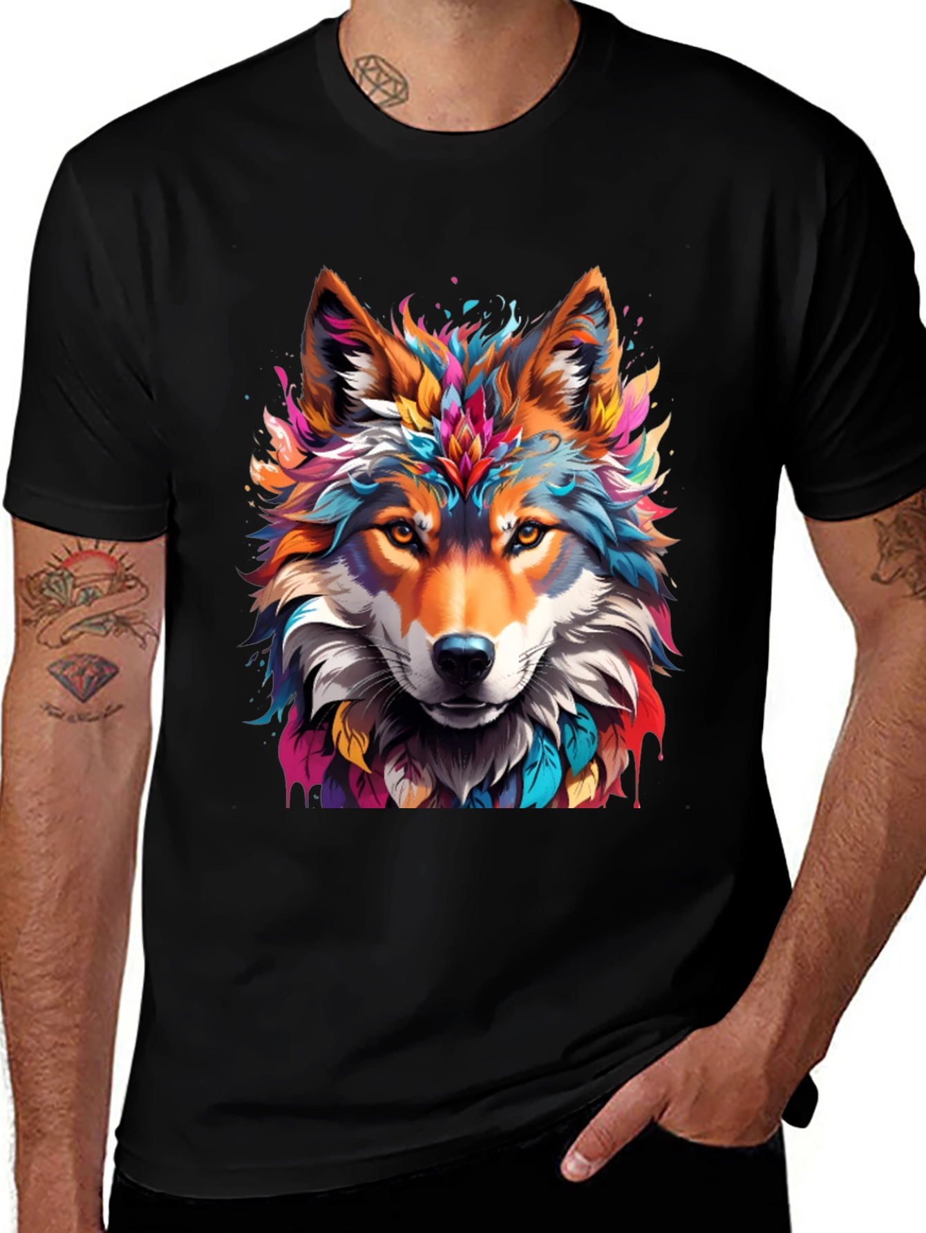 Variant 15 of Colorful Wolf Graphic Tee - Stylish Black T-Shirt
