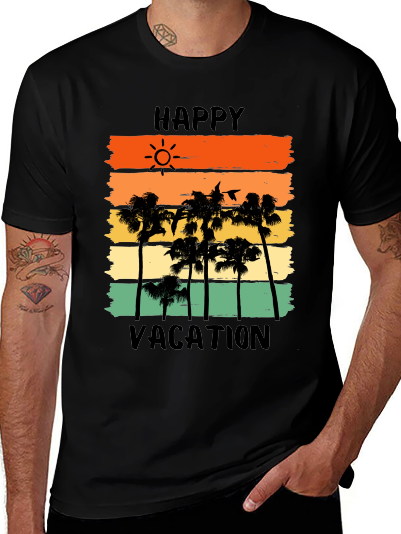 Happy Vacation Graphic Tee - Tropical Palm Tree Sunset T-Shirt