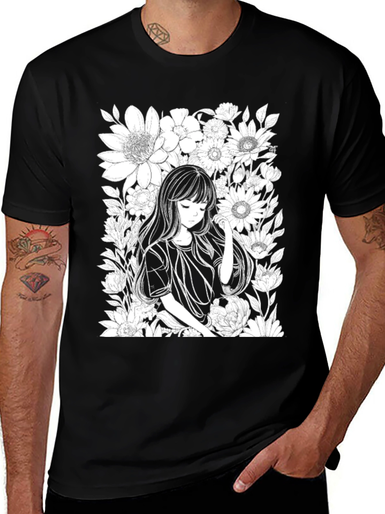 Variant 23 of Anime Girl Floral T-Shirt - Black Cotton Tee