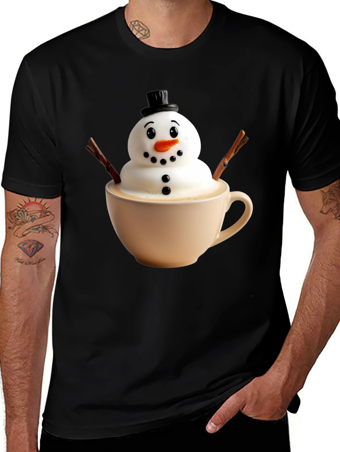 Black Whimsical Snowman Latte Art T-Shirt main image