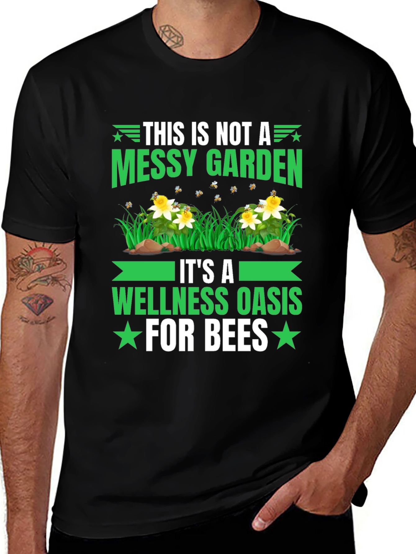 Messy Garden? Wellness Oasis for Bees Black T-Shirt