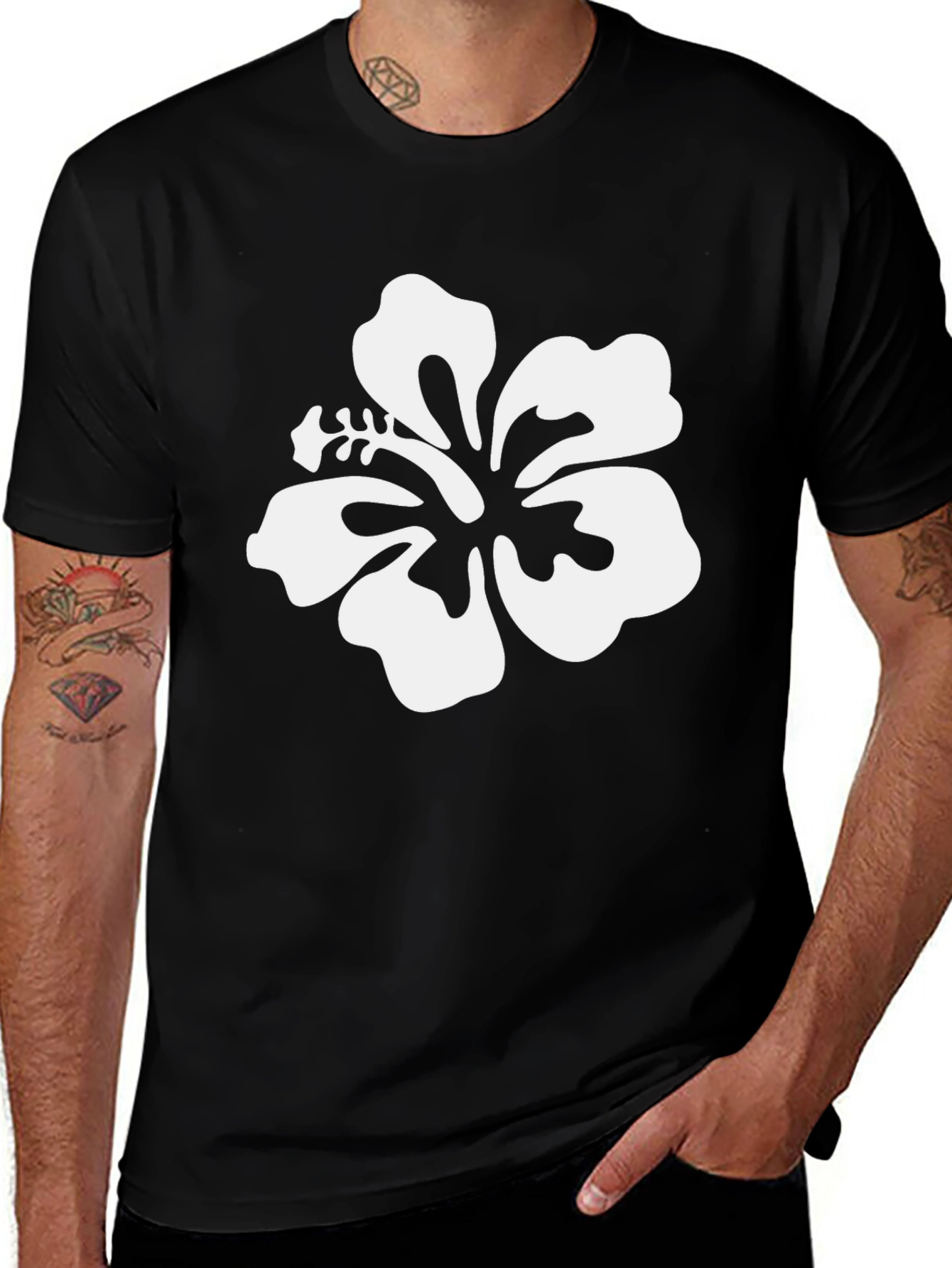 Variant 18 of Black T-Shirt with White Hibiscus Flower Design
