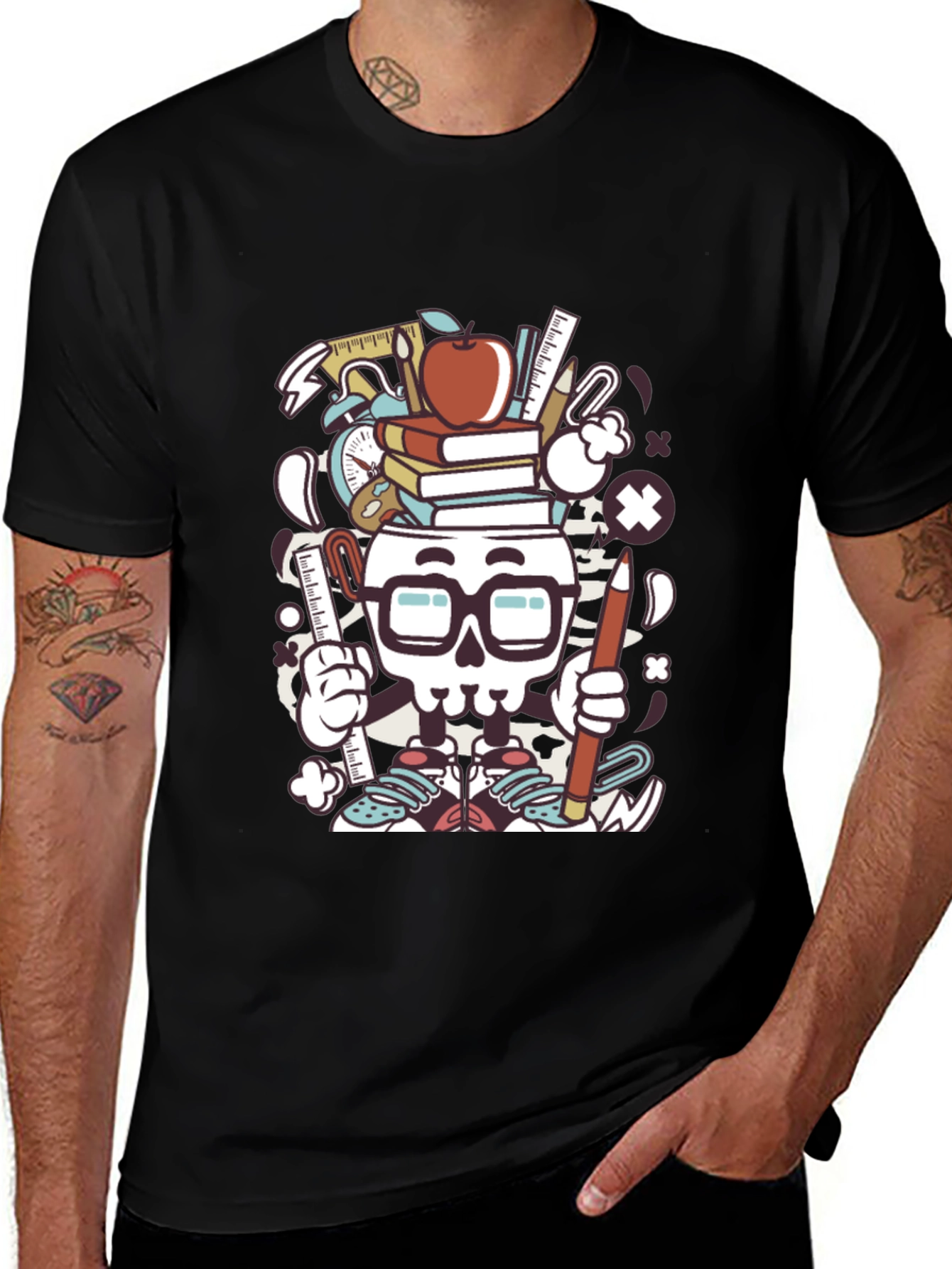 Variant 23 of Black Graphic T-Shirt with School Supplies Skull
