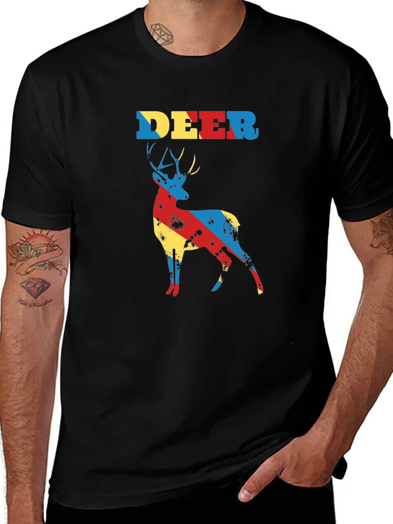 Variant 4 of Colorful Deer Graphic Print Black T-Shirt