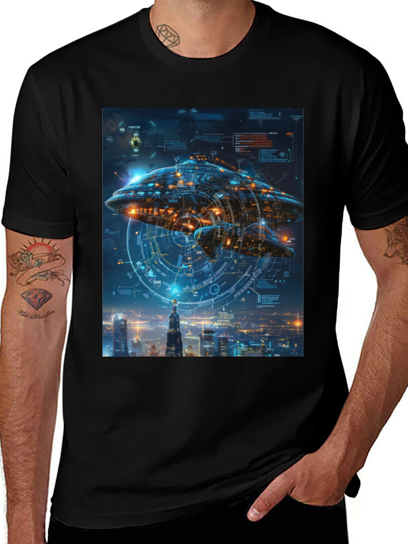 Variant 28 of Futuristic Spaceship Cityscape Graphic Tee
