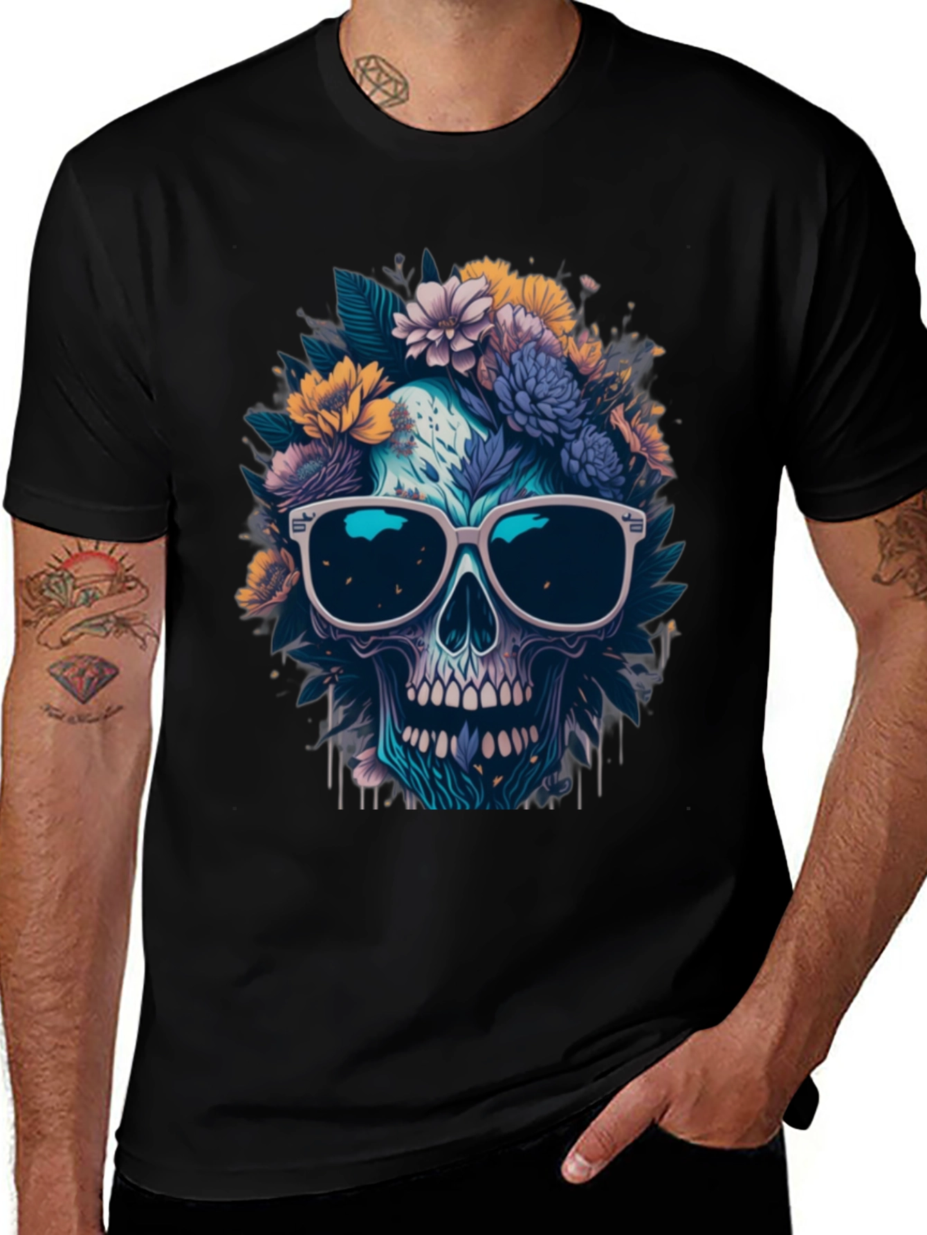 Variant 16 of Floral Skull Graphic Tee - Cool Skeleton T-Shirt