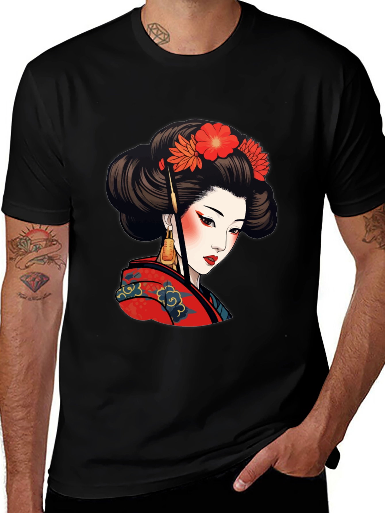 Geisha Art Graphic Tee - Stylish Black T-Shirt