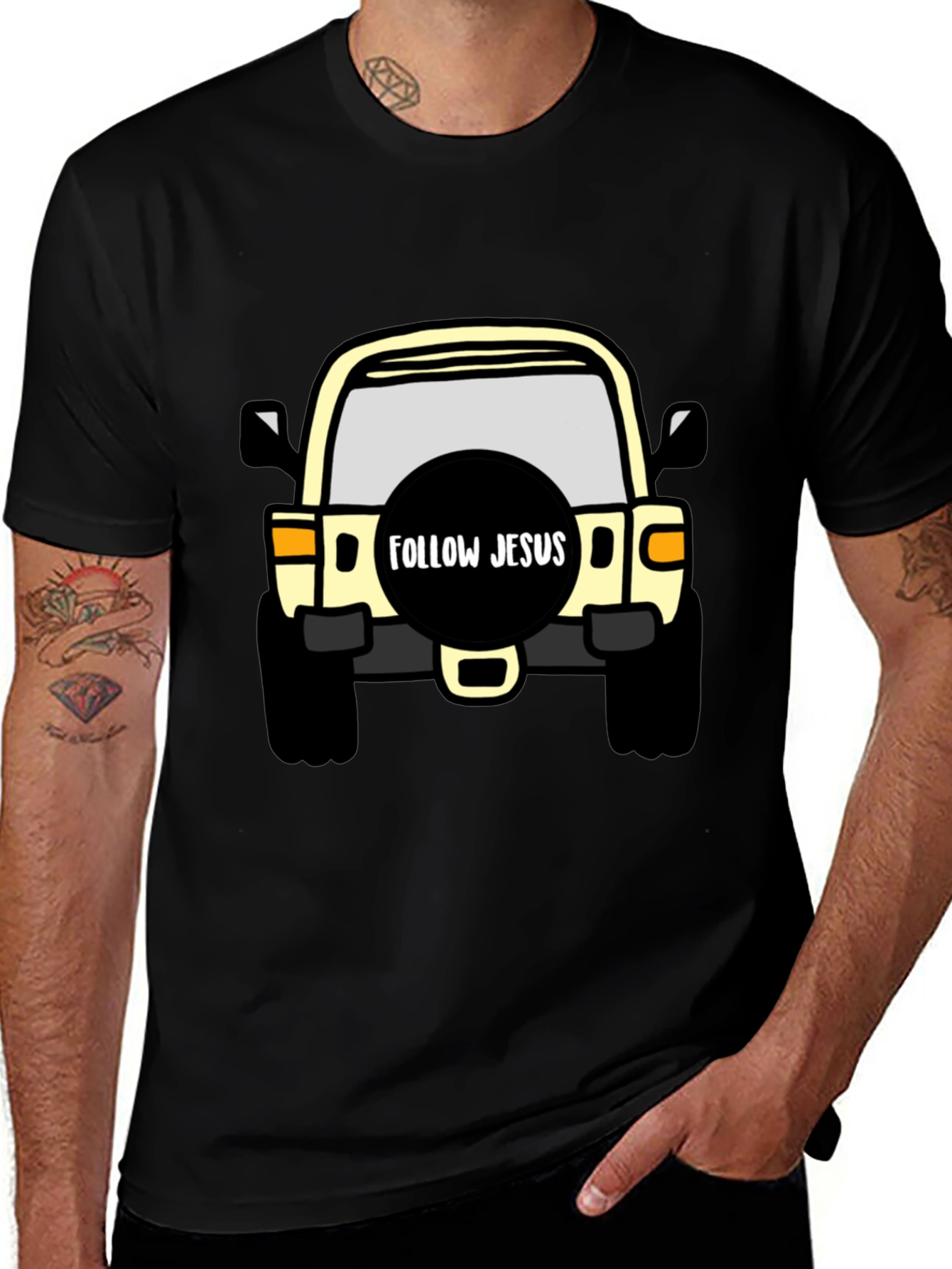 Black Follow Jesus Jeep T-Shirt - Black Cotton Tee main image