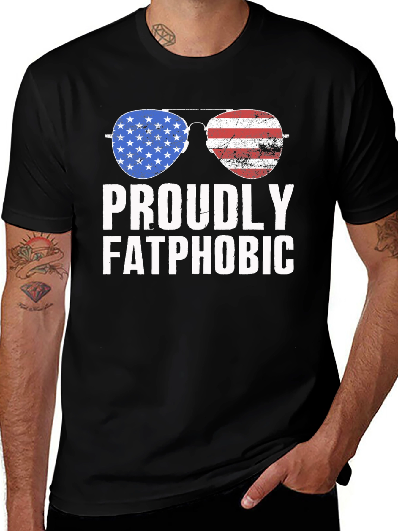 Variant 30 of Proudly Fatphobic Patriotic Aviator T-Shirt