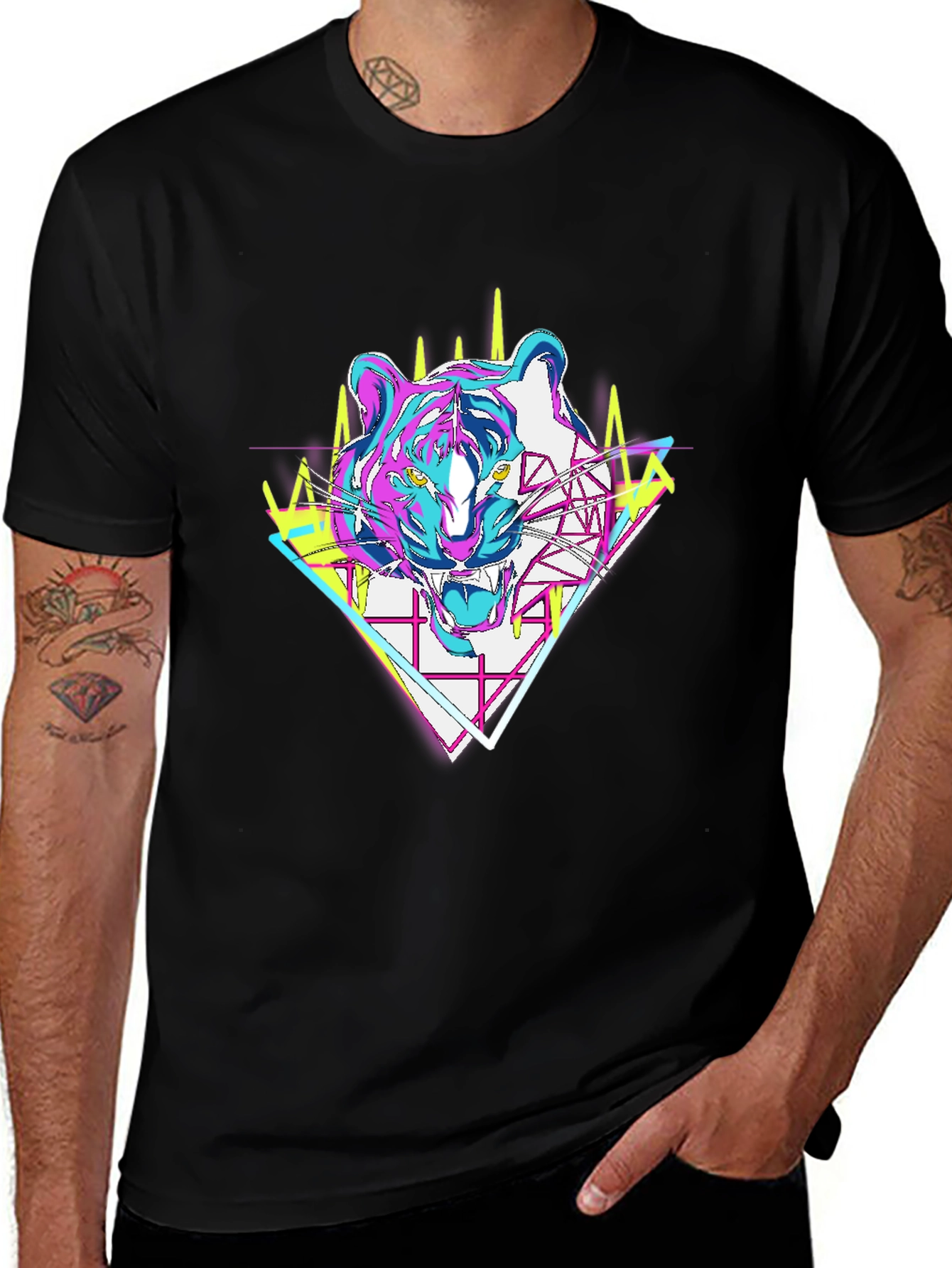 Variant 16 of Vaporwave Tiger Graphic Tee - Black Cotton T-Shirt