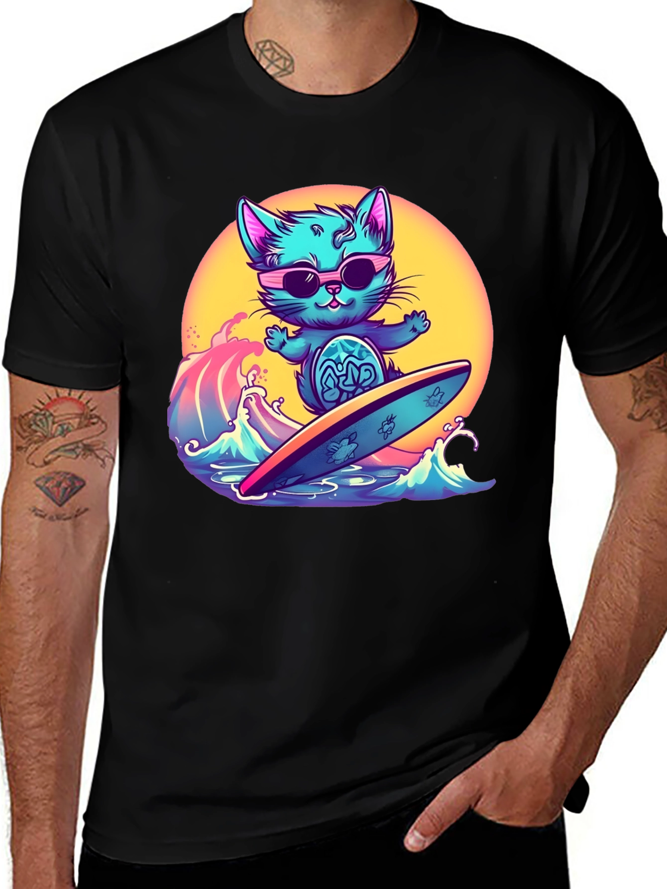 Cool Cat Surfing T-Shirt - Black