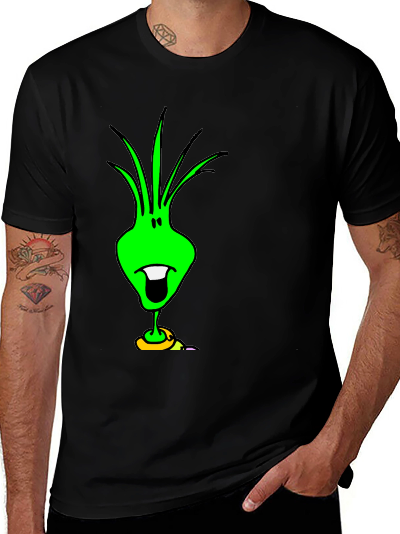 Funky Green Alien Graphic Tee - Black Cotton T-Shirt