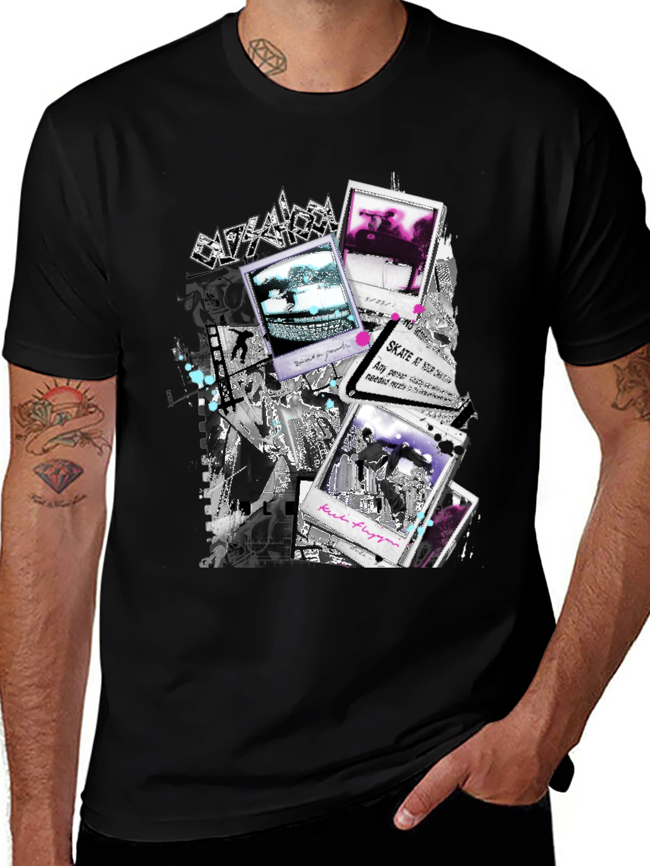 Skateboarding Photo Collage Graphic Black T-Shirt
